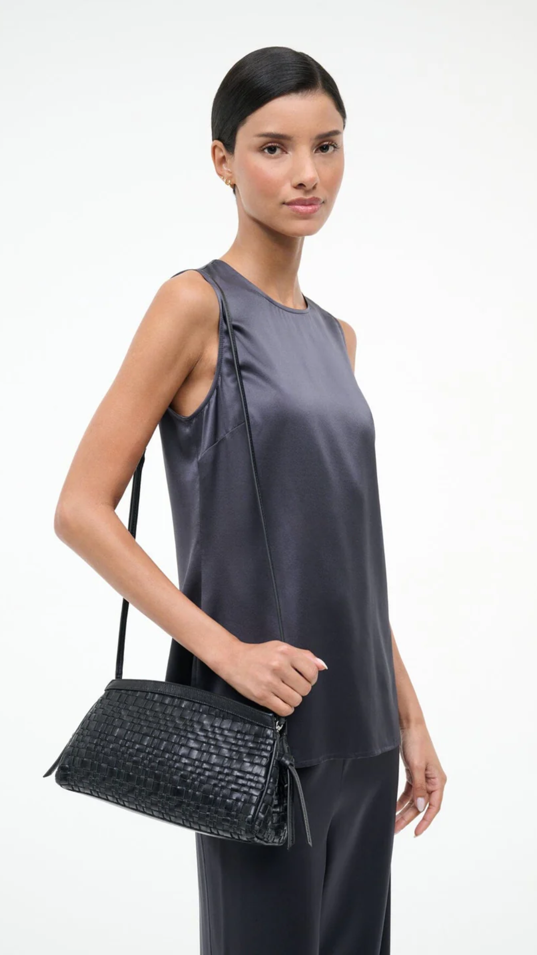 STAUD Maude Convertible Clutch in Black Woven