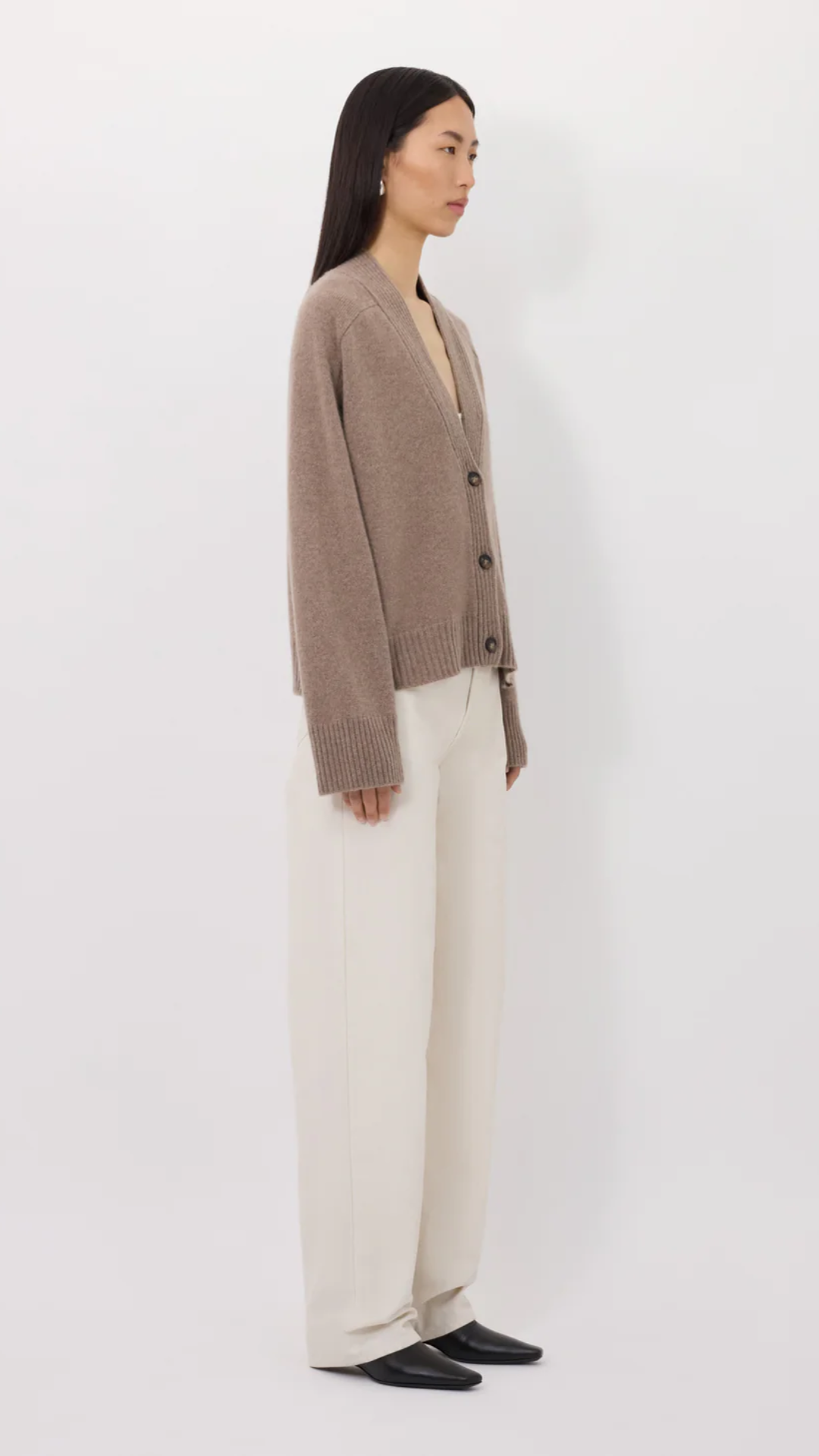 Loulou de Saison Kaia LDS V Neck Cardigan in Taupe Melange