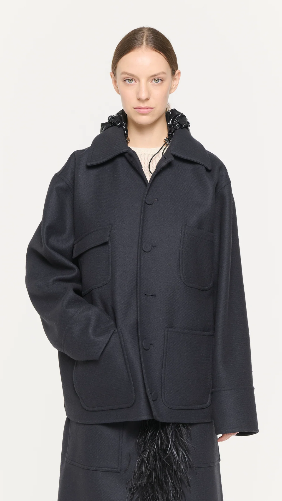 Plan C Wool Hooded Jacket in Blue Black