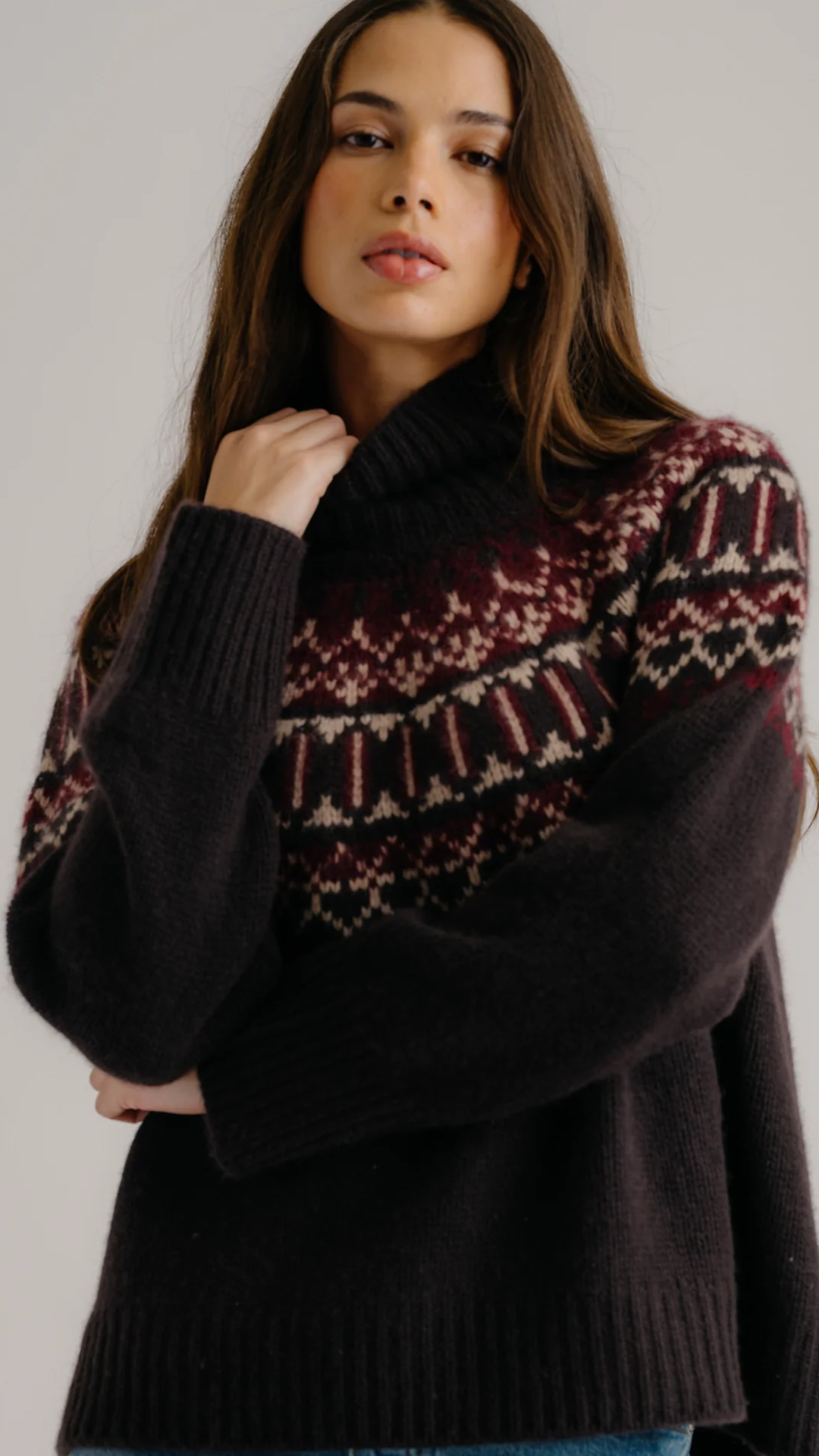 Sablyn Scottie Slouchy Fairisle Mock Neck Sweater in Oaktree