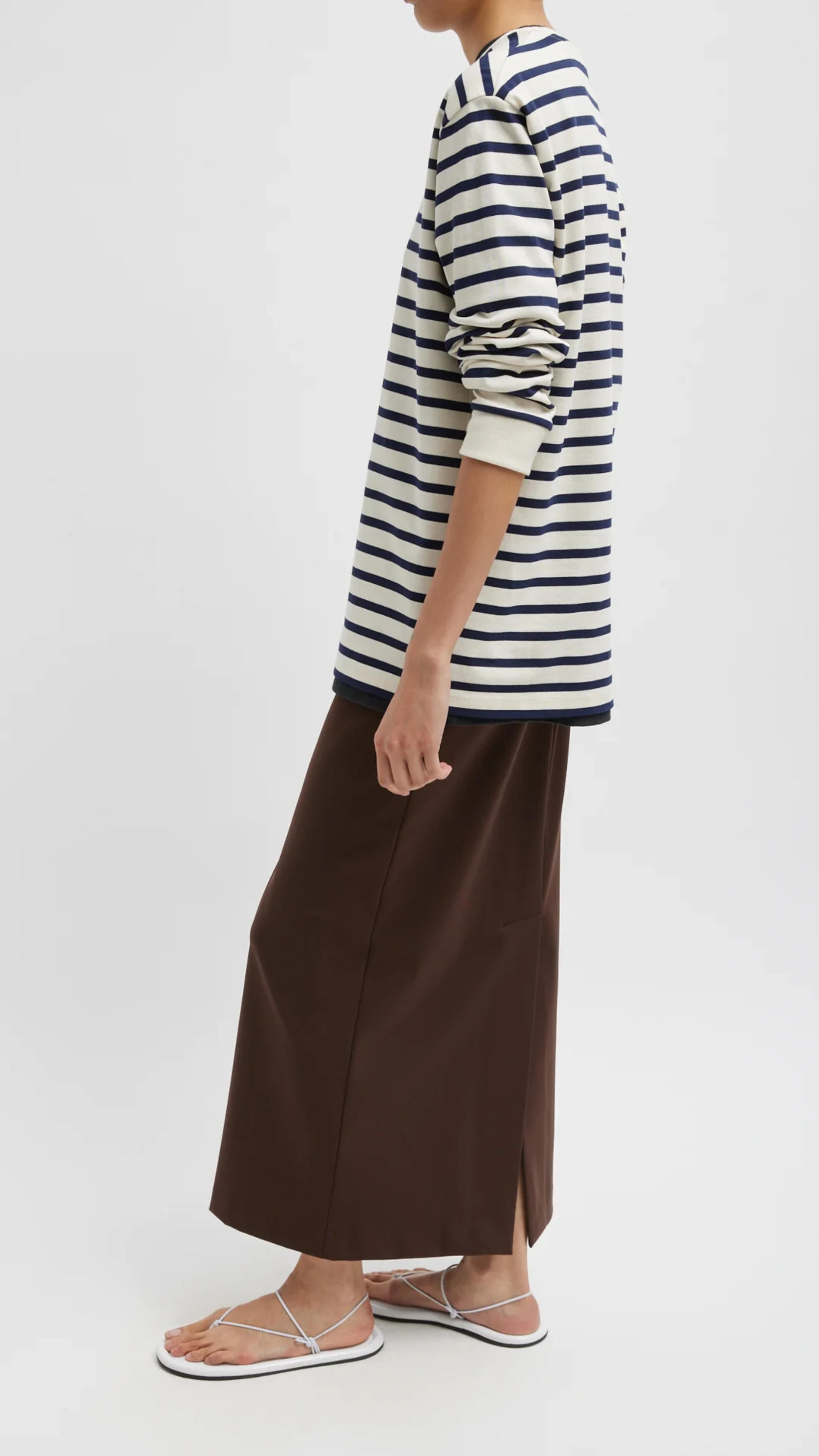 Tibi Striped Perfect Long Sleeve T-Shirt in Navy Multi
