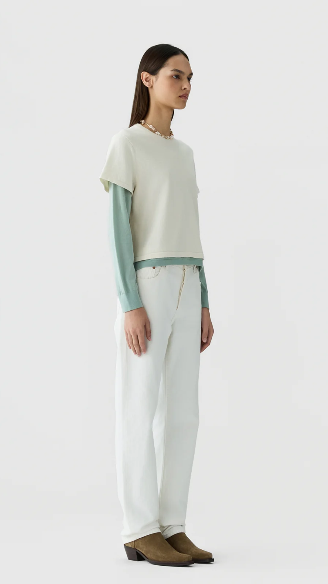 Guest In Residence Layer Tee in Cream/Sage Brush