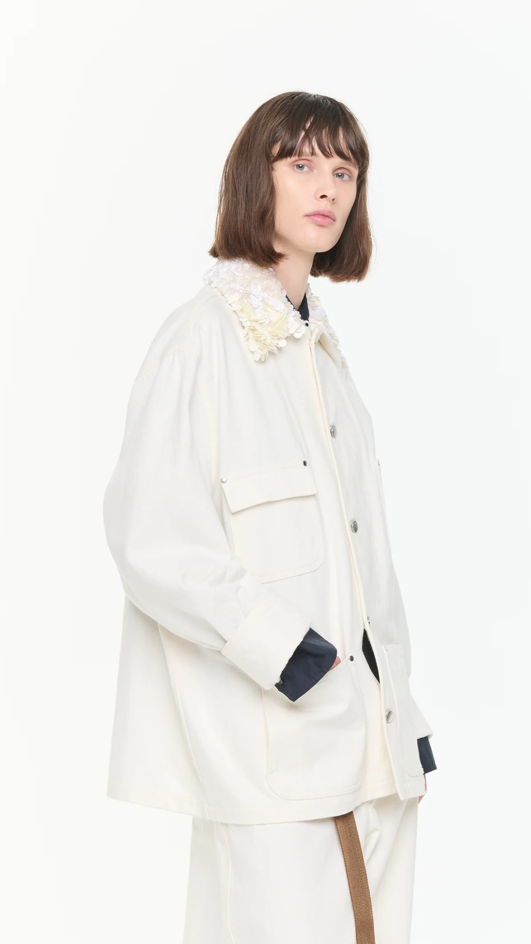Plan C Denim Jacket With Sequin Collar in White