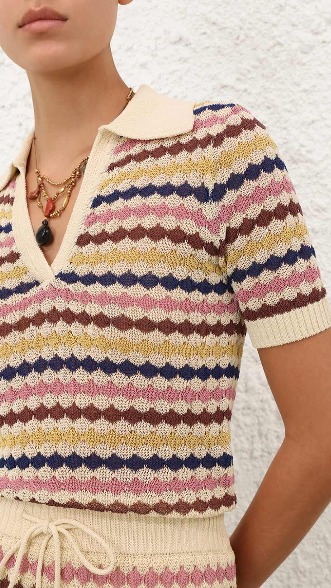 Zimmermann Awaken Scallop Knit Polo in Multi Stripe