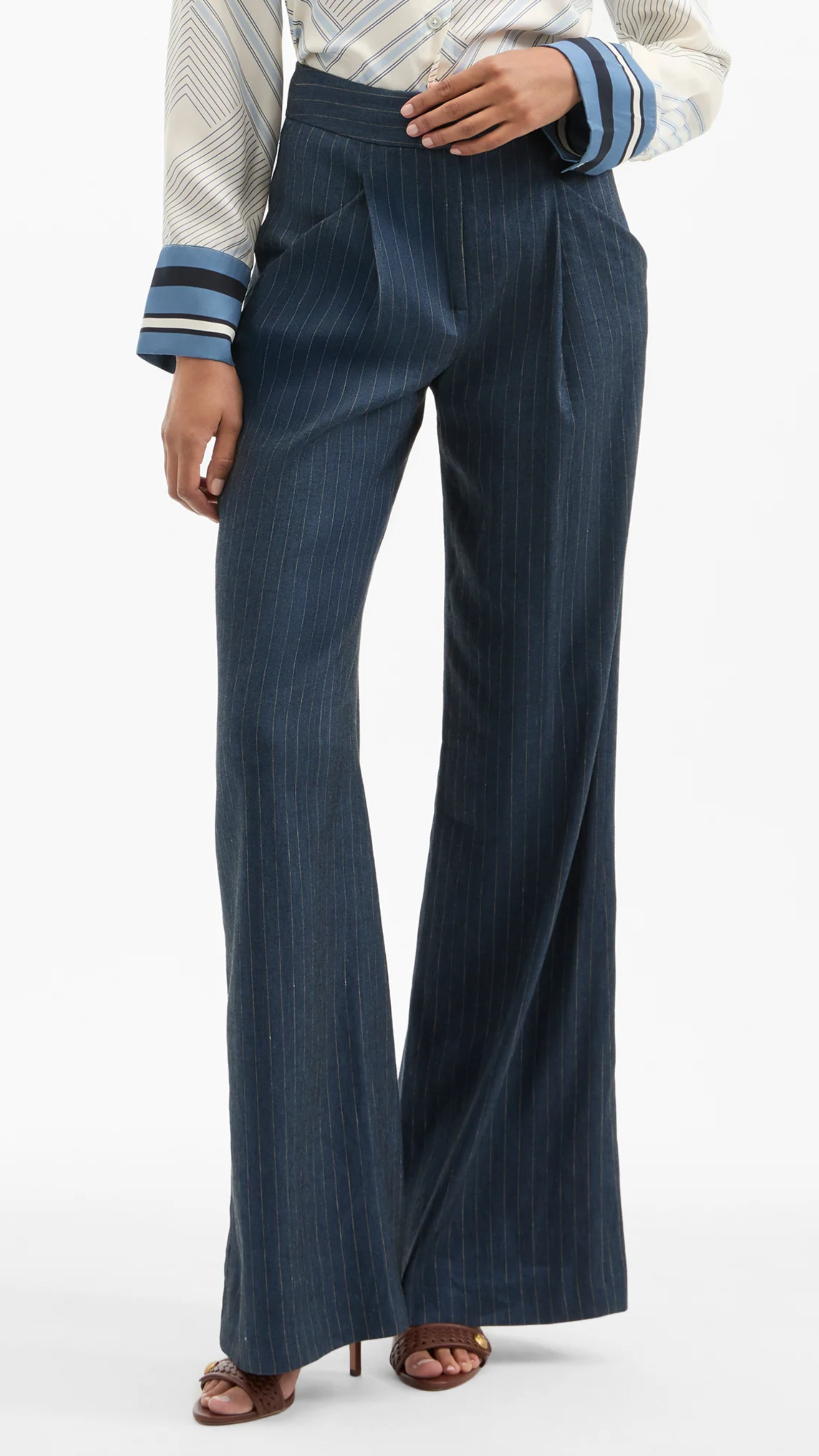 Veronica Beard Rimini Wide Leg Pinstripe Pant in Blue Dove