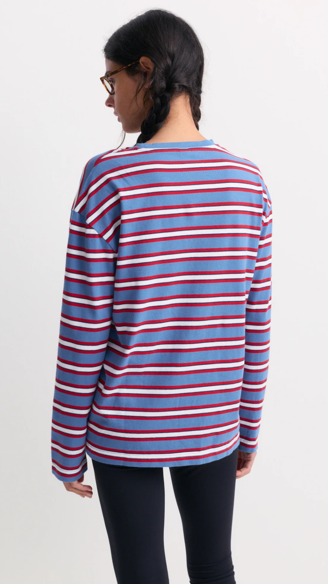 Sporty & Rich Fale Signature Logo Easy Long Sleeve in Blue & Red Striped