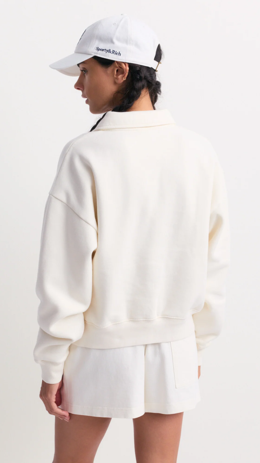 Sporty & Rich Elfa NY Crest Embroidered Open Polo in Off White