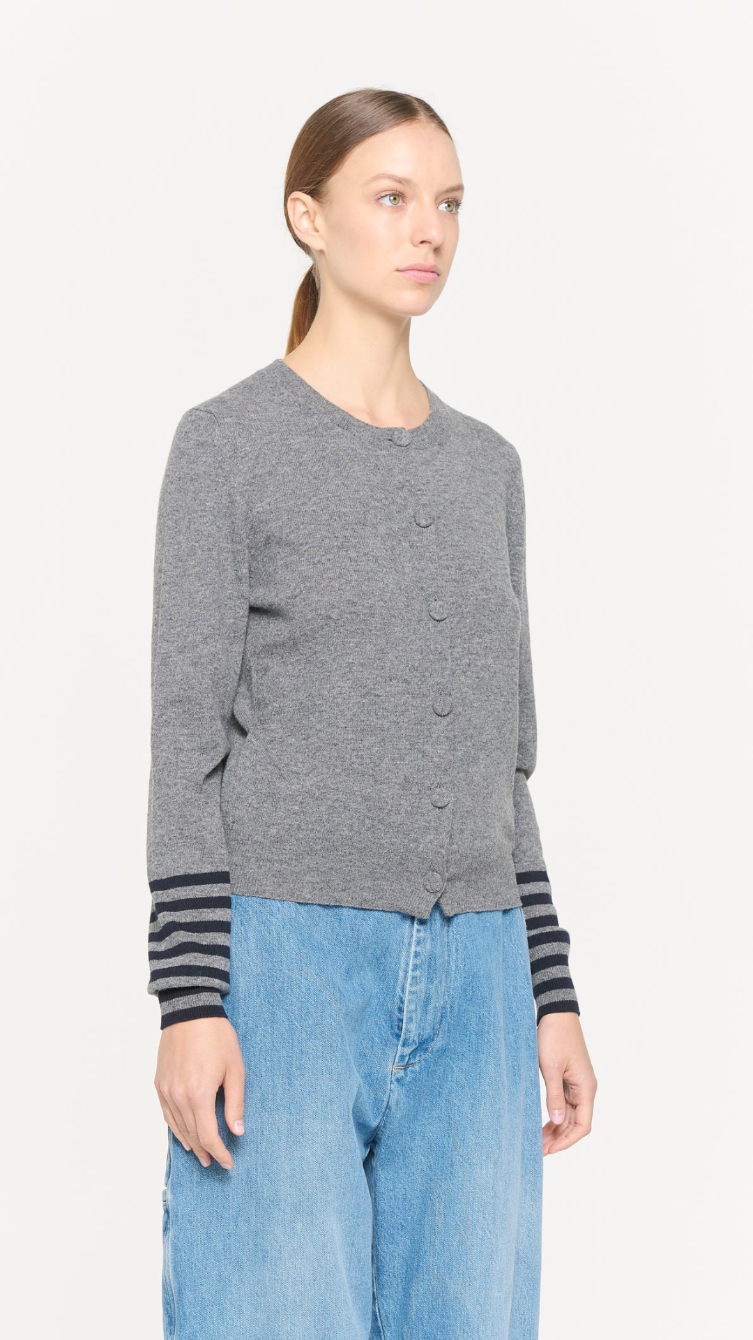 Plan C LS Cardigan in Grey Stripes