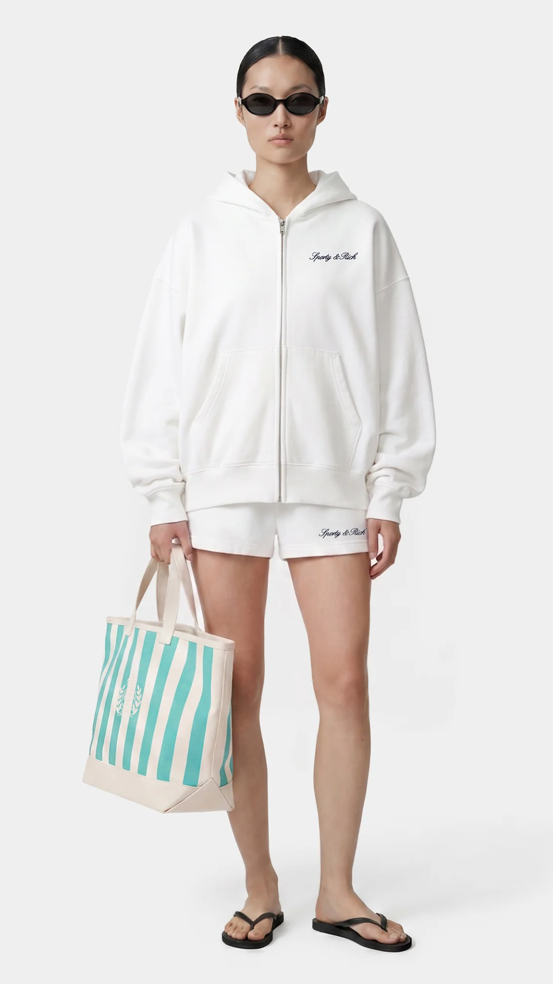 Sporty & Rich Signature Logo Embroidered Zip Hoodie in White/Navy