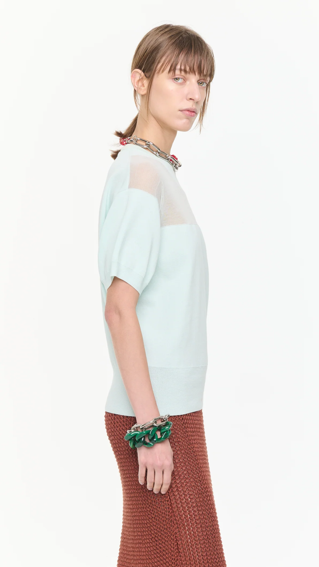Plan C Short Sleeve Intarsia Knit Crew in Mint