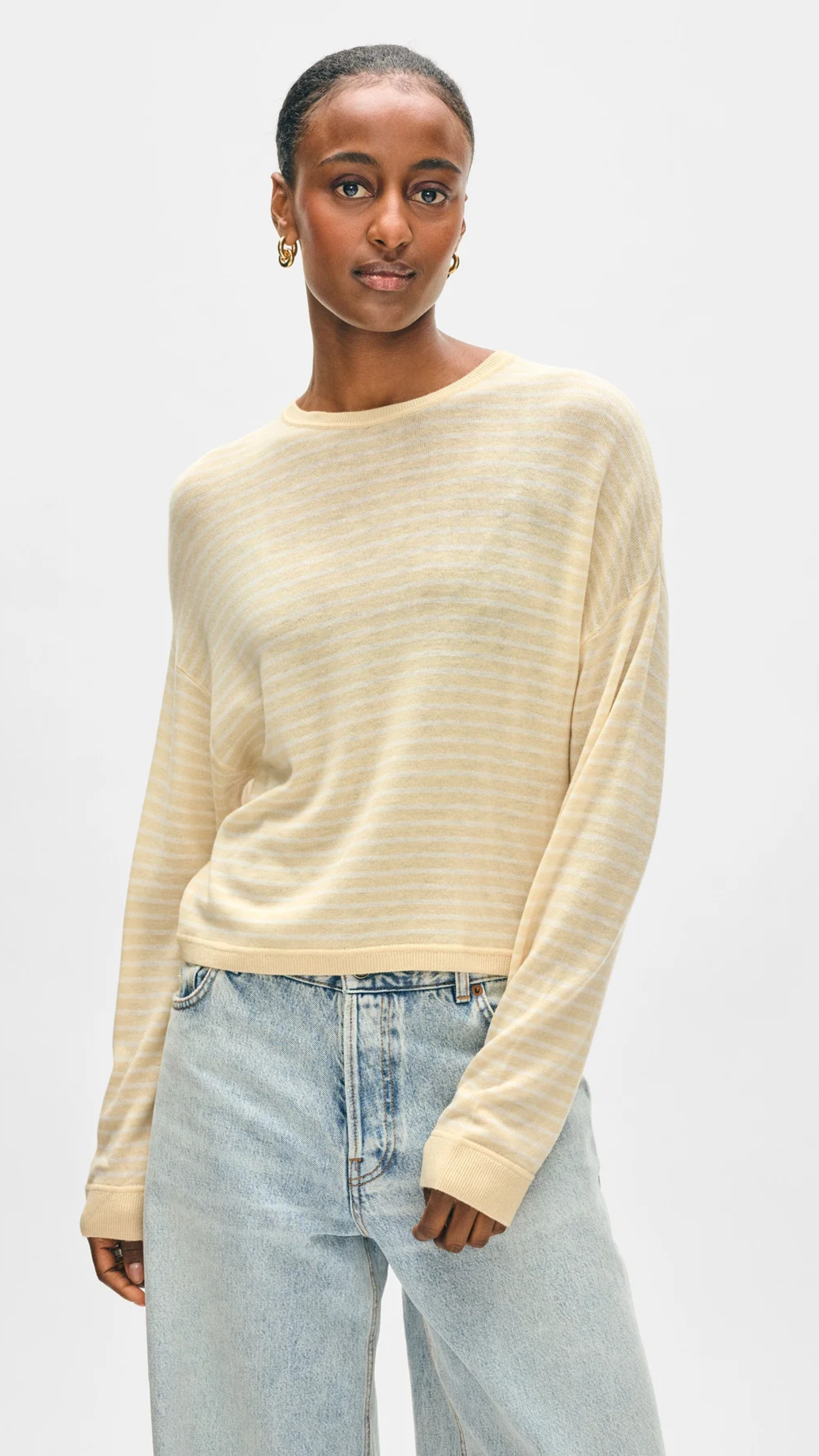 White + Warren Superfine Cashmere Striped Sweater in Buttercream