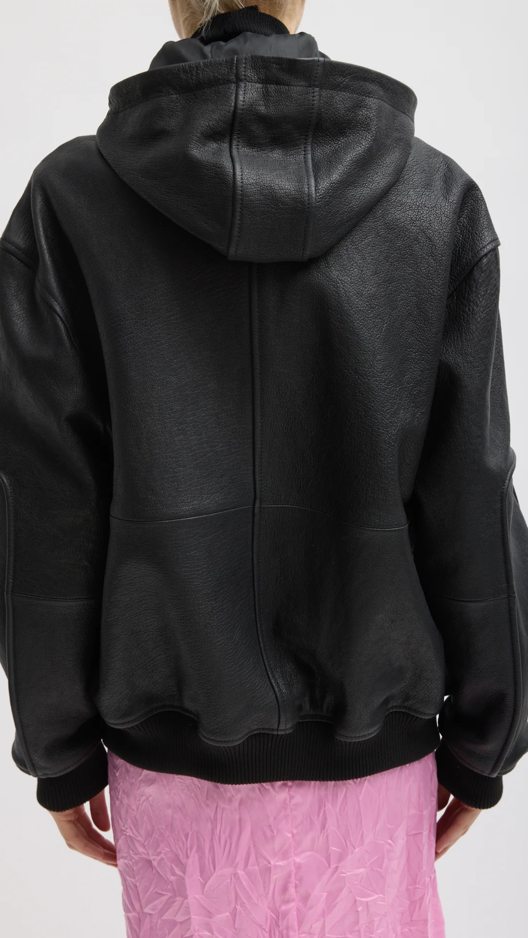 Tibi Pebbled Leather Hoodie Jacket in Black