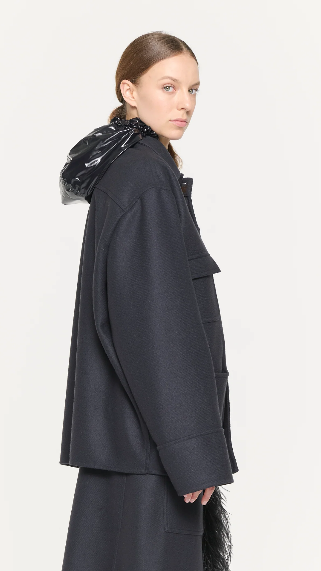 Plan C Wool Hooded Jacket in Blue Black