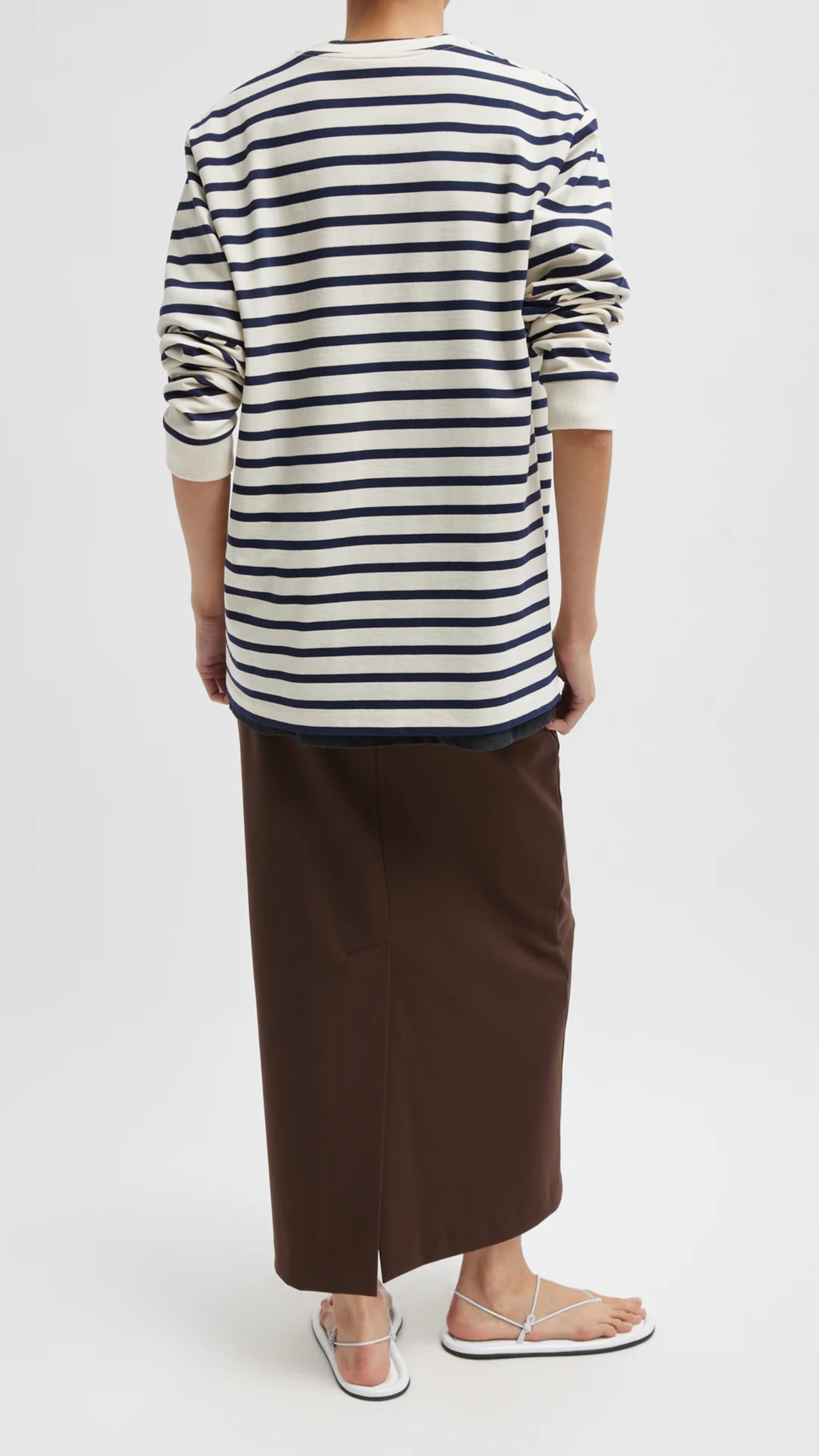 Tibi Striped Perfect Long Sleeve T-Shirt in Navy Multi