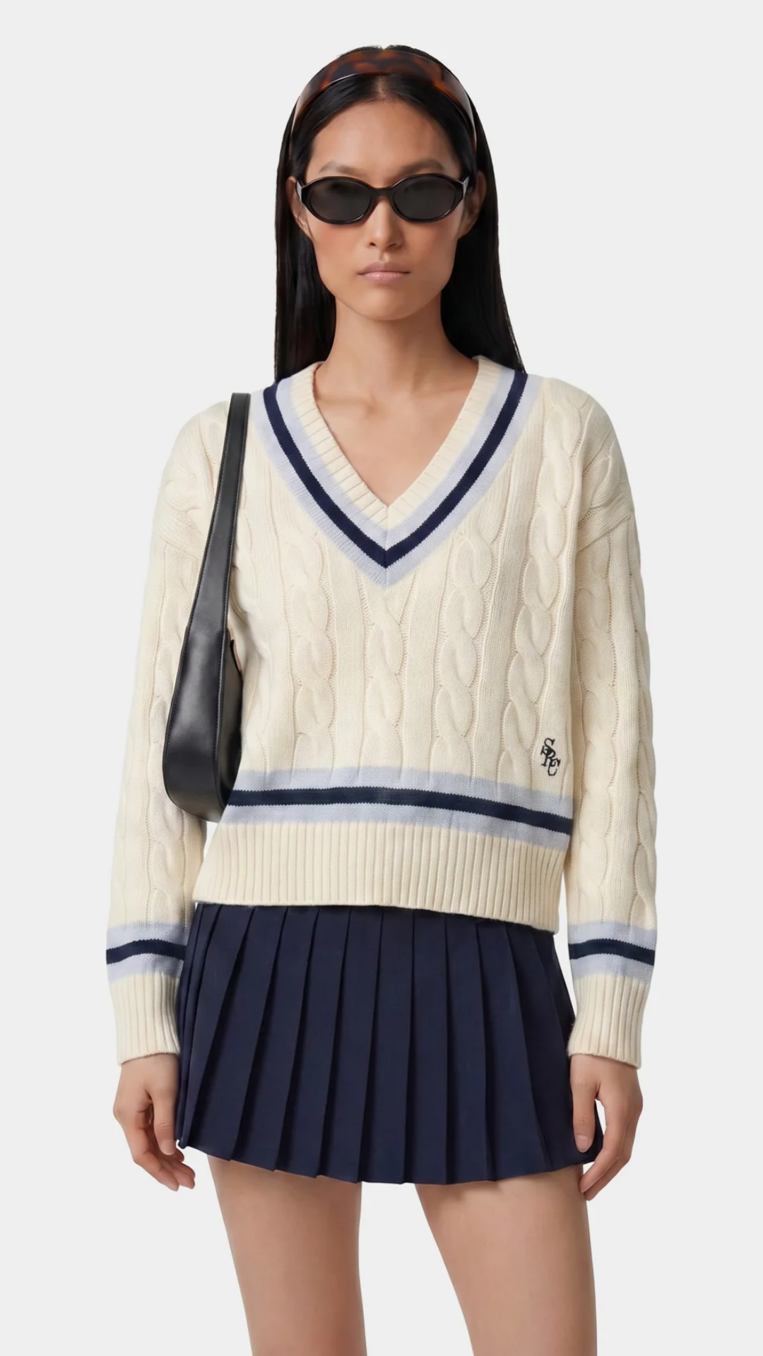 Sporty & Rich SRC Cableknit V-Neck Sweater in Ecru/Navy/Ciel
