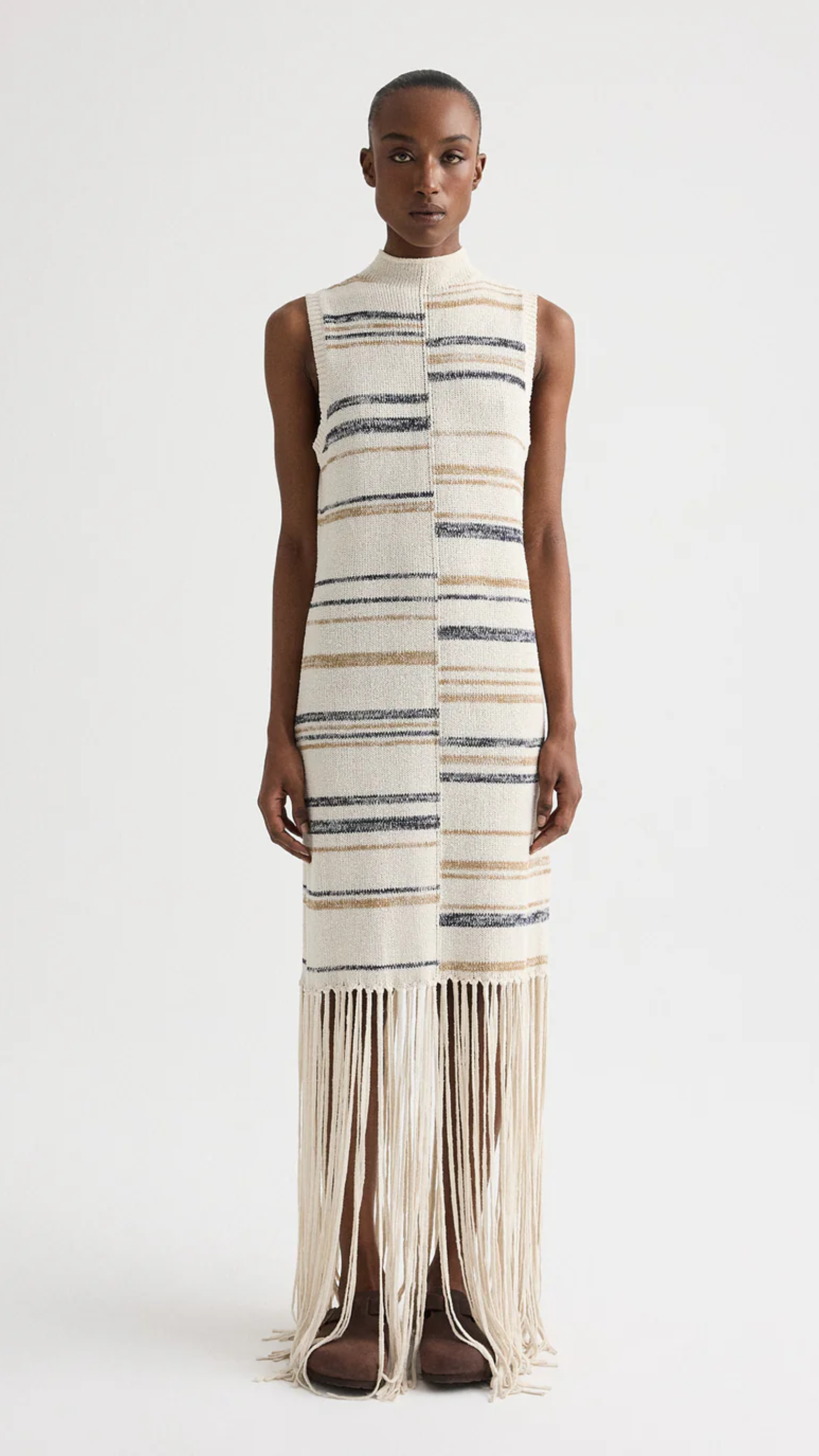 TWP Fringe Sleeveless Linen Silk Yarn Dress in Ivory Multi