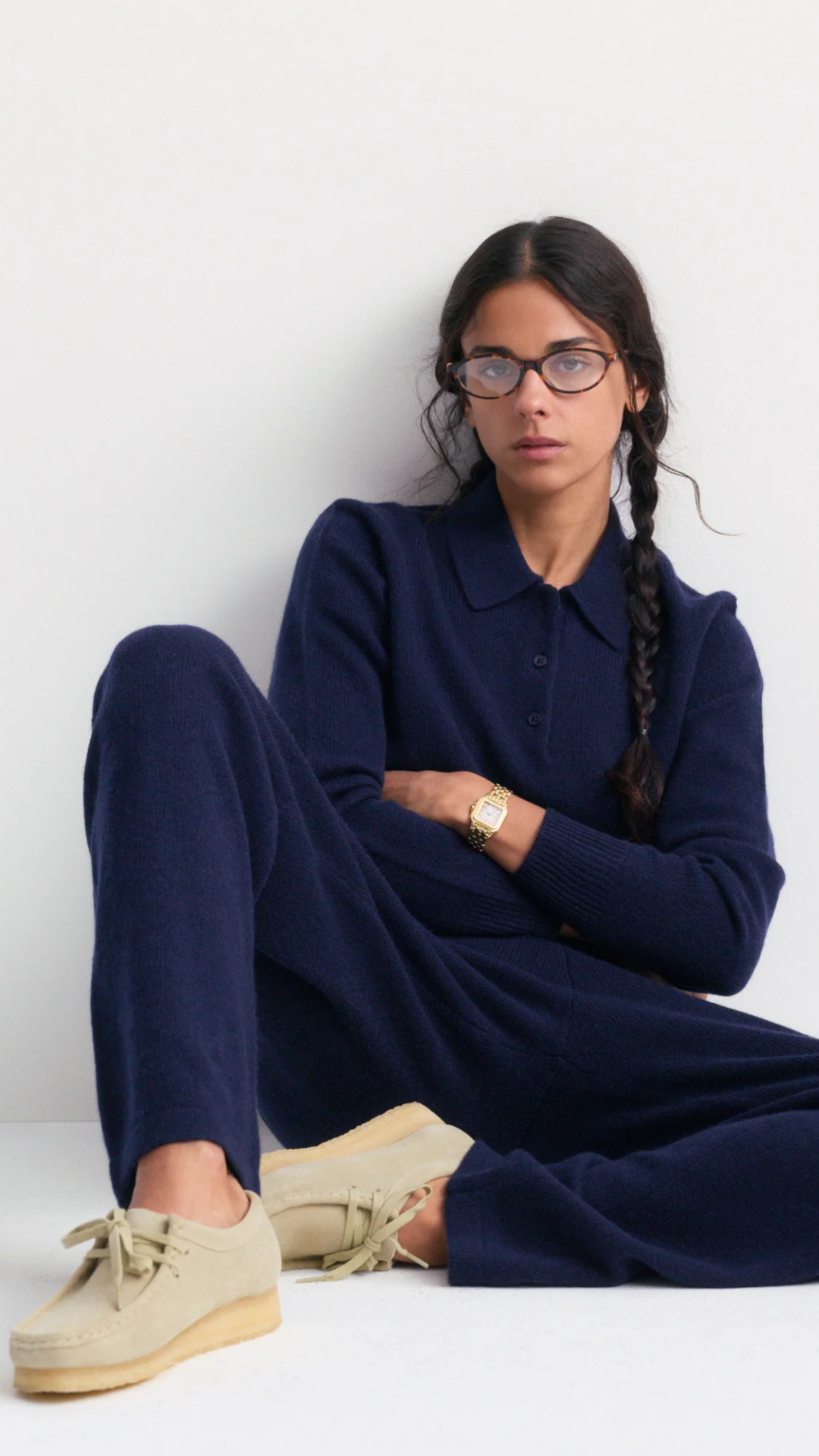 Sporty & Rich Izar S Logo Cashmere Polo in Dark Navy