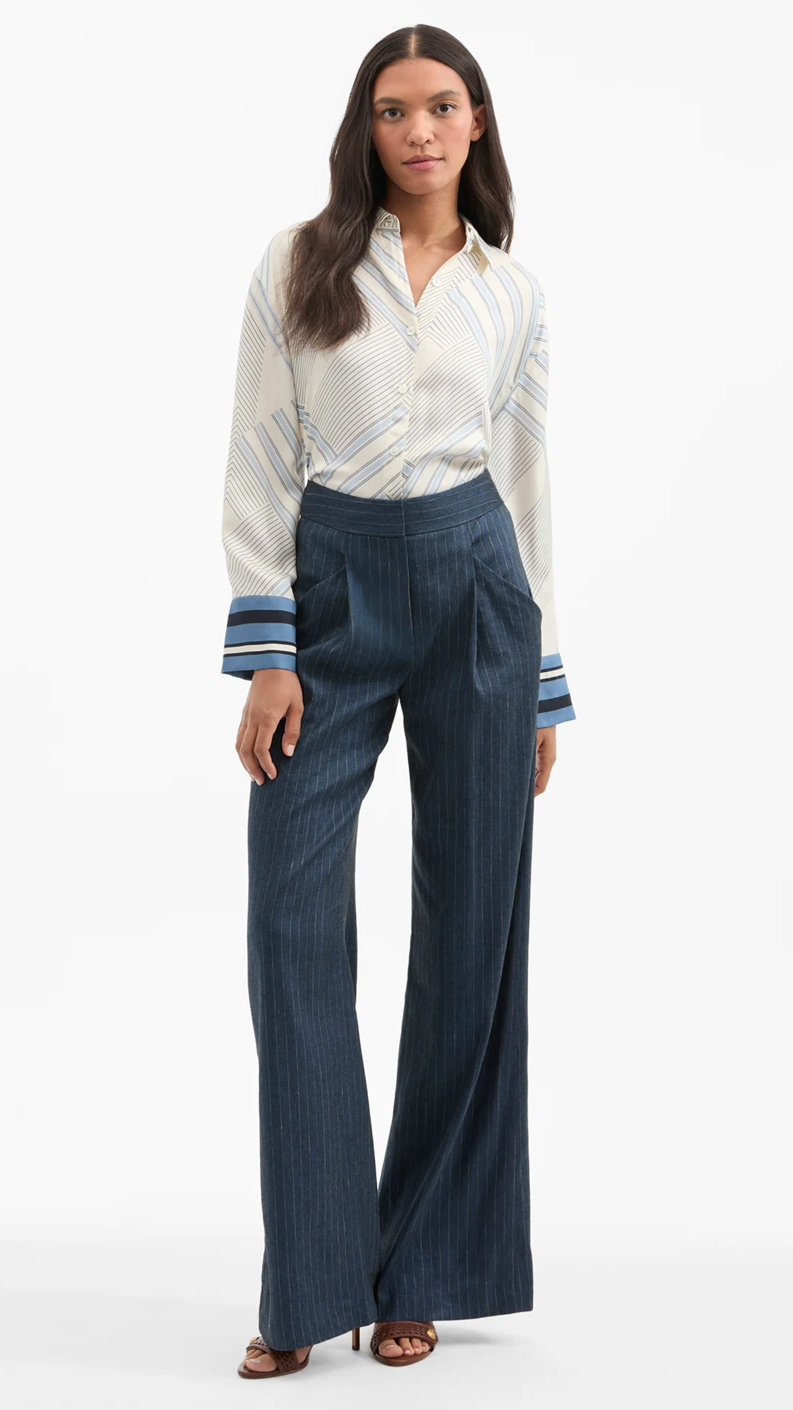 Veronica Beard Rimini Wide Leg Pinstripe Pant in Blue Dove