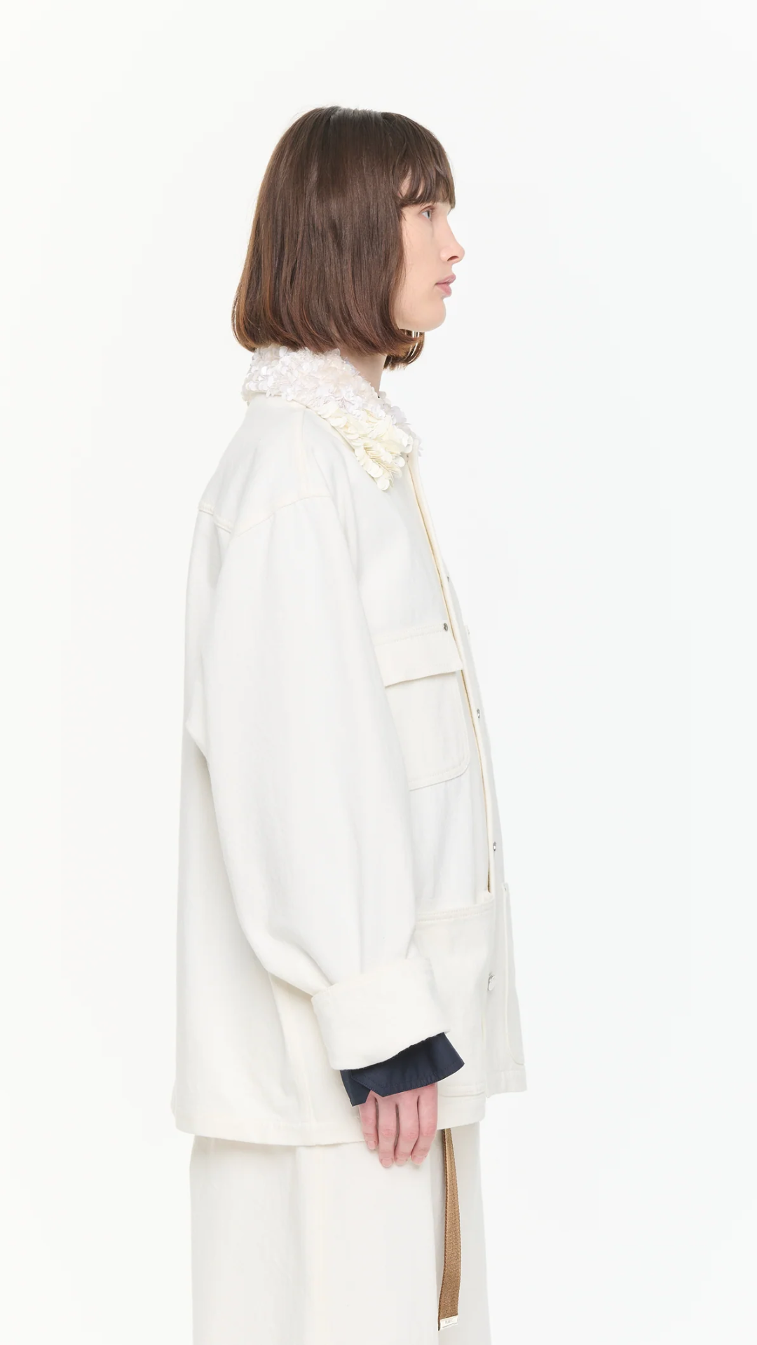 Plan C Denim Jacket With Sequin Collar in White