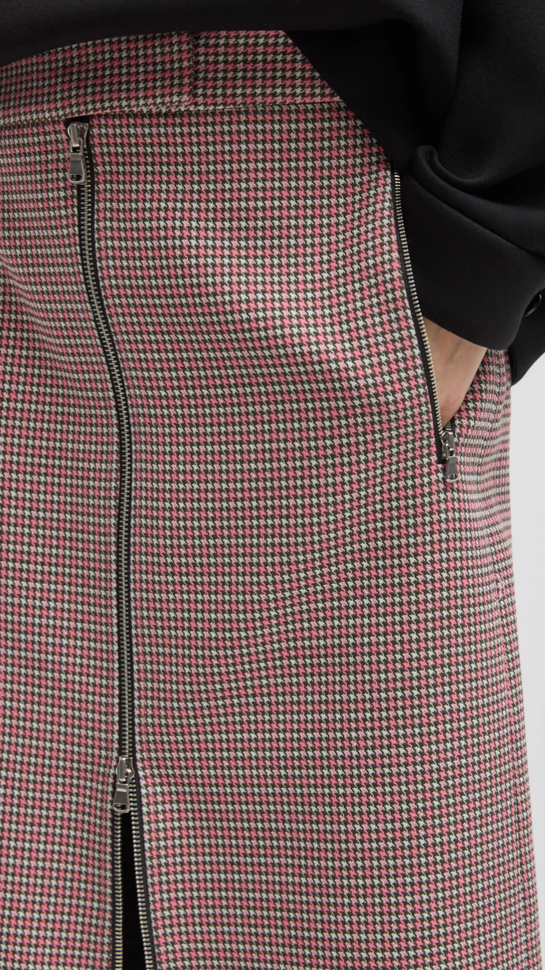 Tibi Leon Check Midi Trouser Zip Skirt in Pink Multi