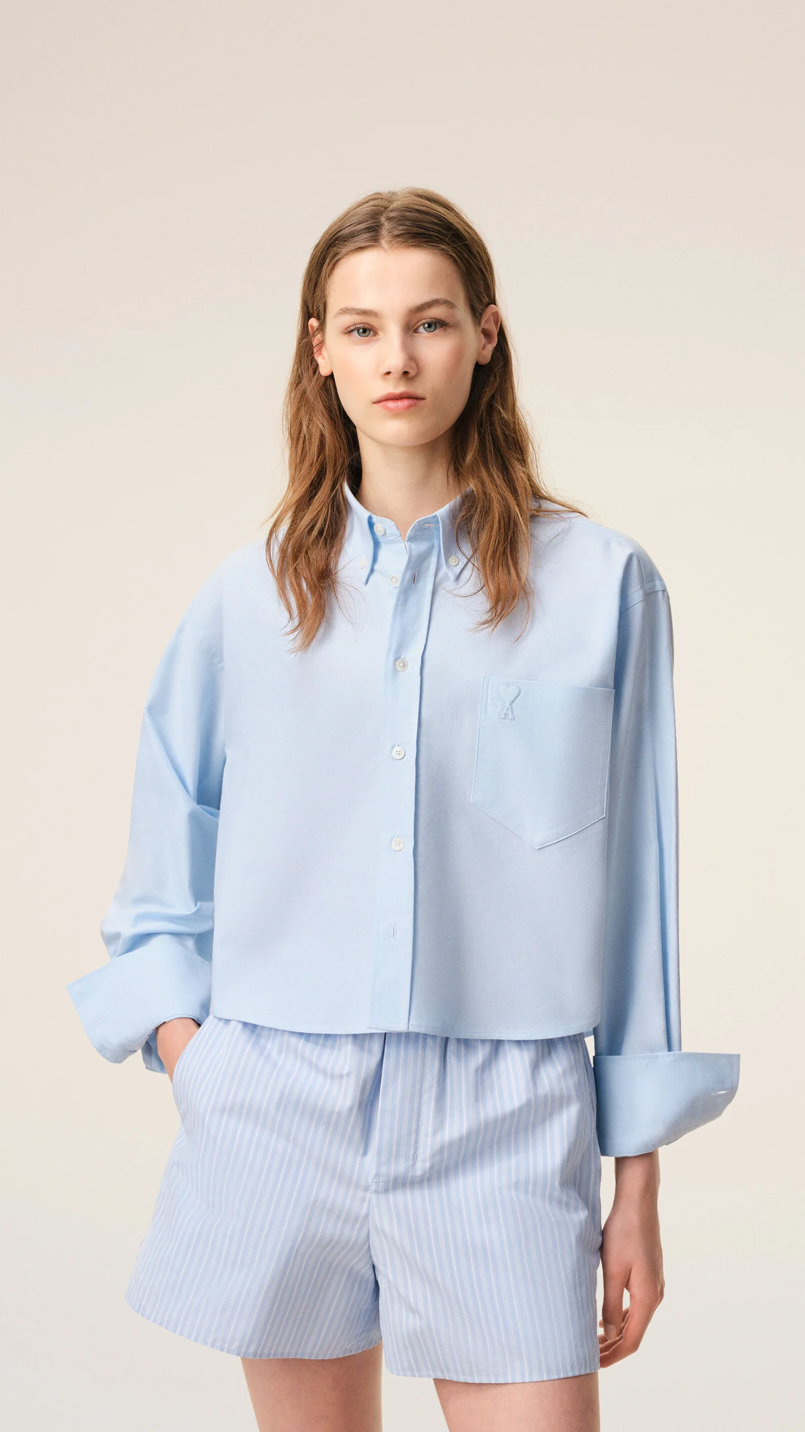 Ami Cotton Cropped Embossed Ami De Coeur Shirt in Sky Blue