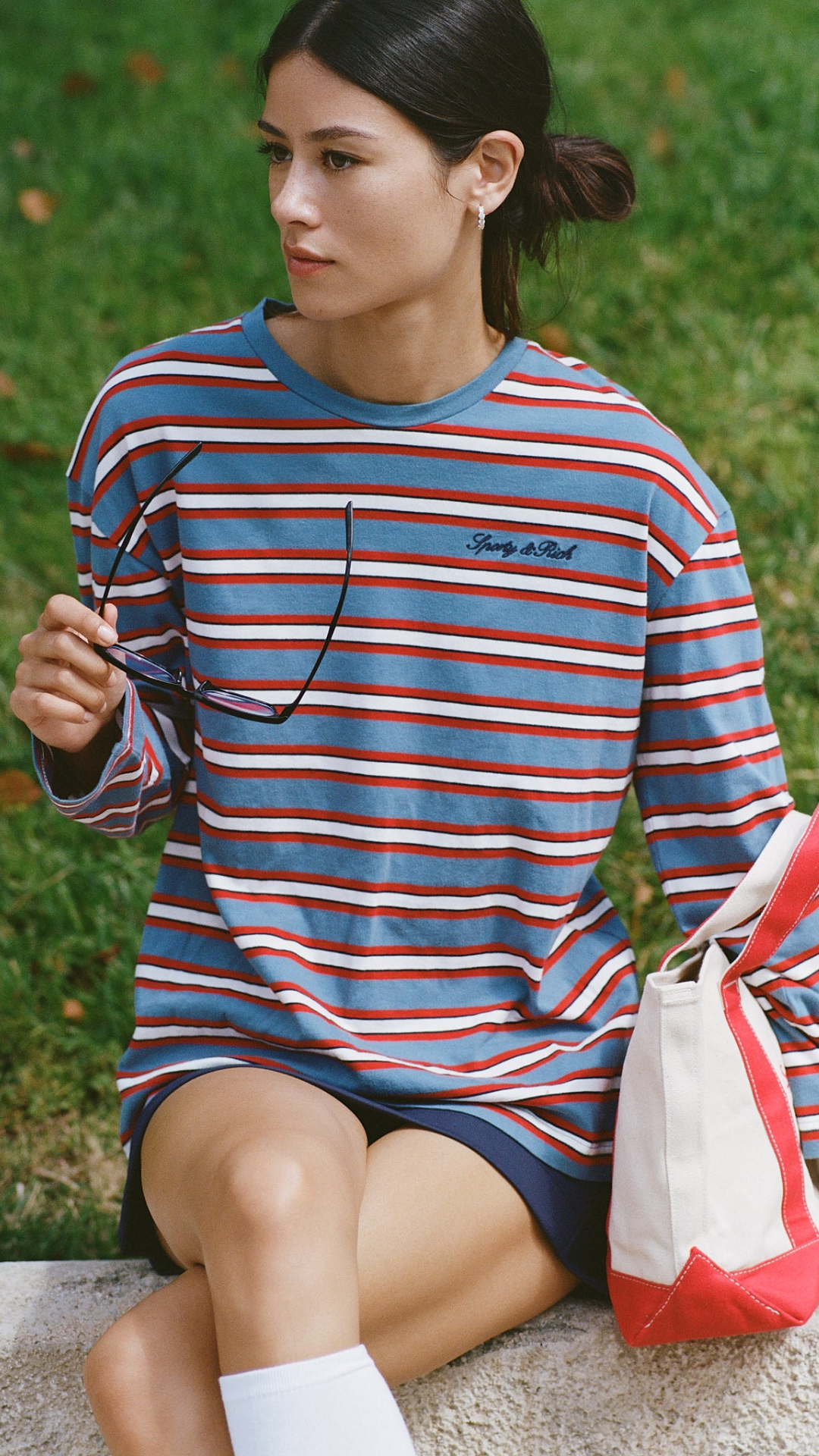 Sporty & Rich Fale Signature Logo Easy Long Sleeve in Blue & Red Striped