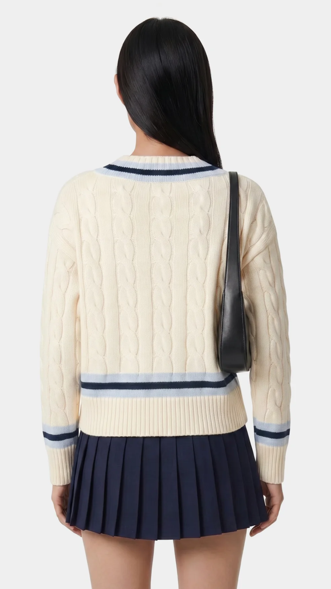 Sporty & Rich SRC Cableknit V-Neck Sweater in Ecru/Navy/Ciel