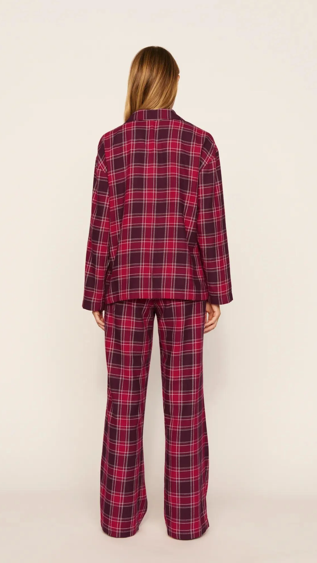 Eberjey Flannel Long Pj in Oxford Check Holly Red/Wildberry