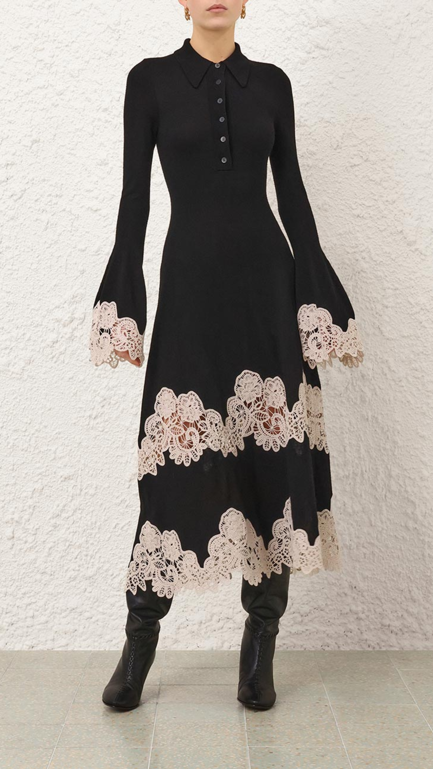 Zimmermann Valiant Merino Lace Dress in Black Cream