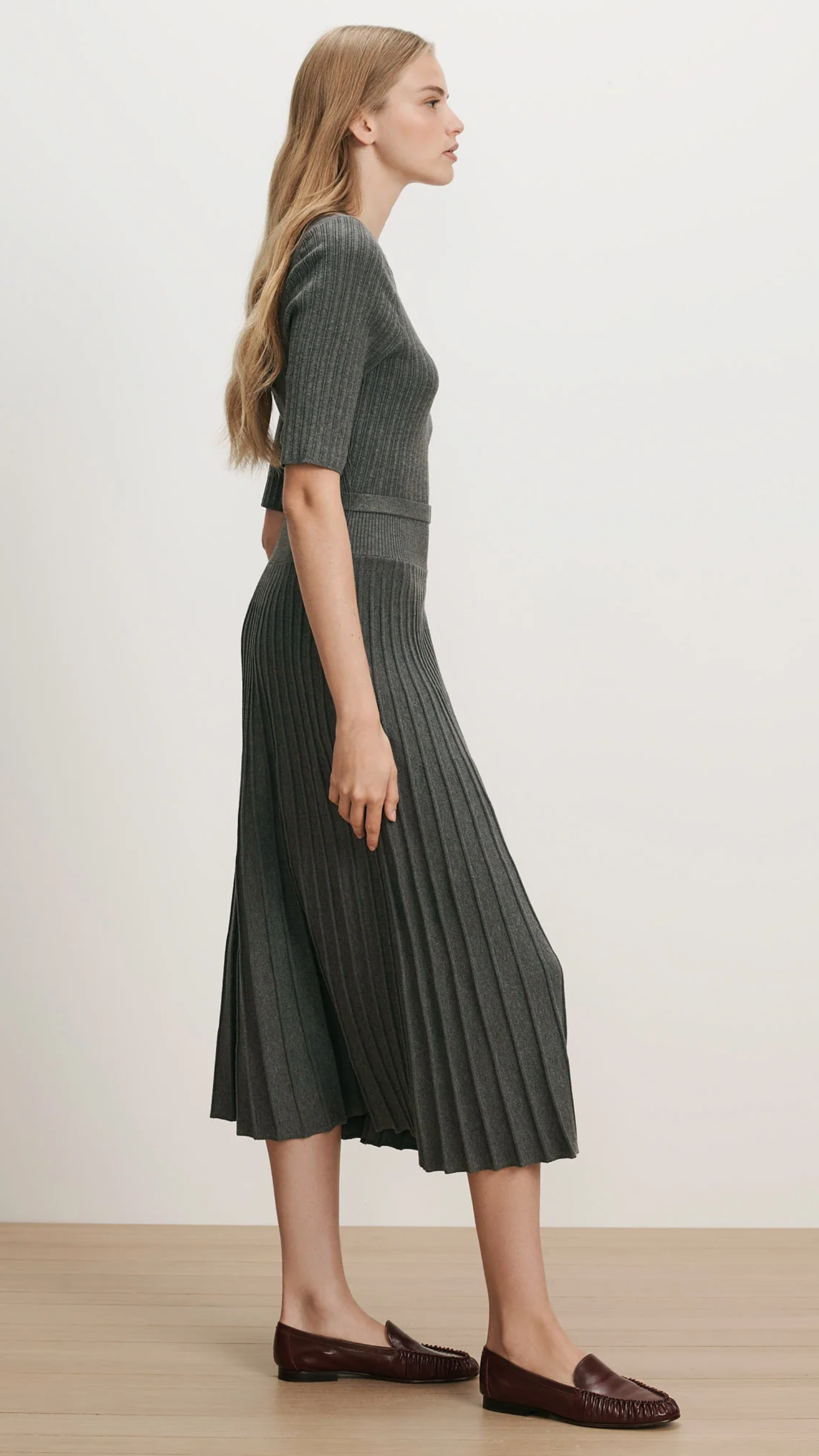 Veronica Beard Elthea Belted A-line Midi Dress in Charcoal Heather Grey