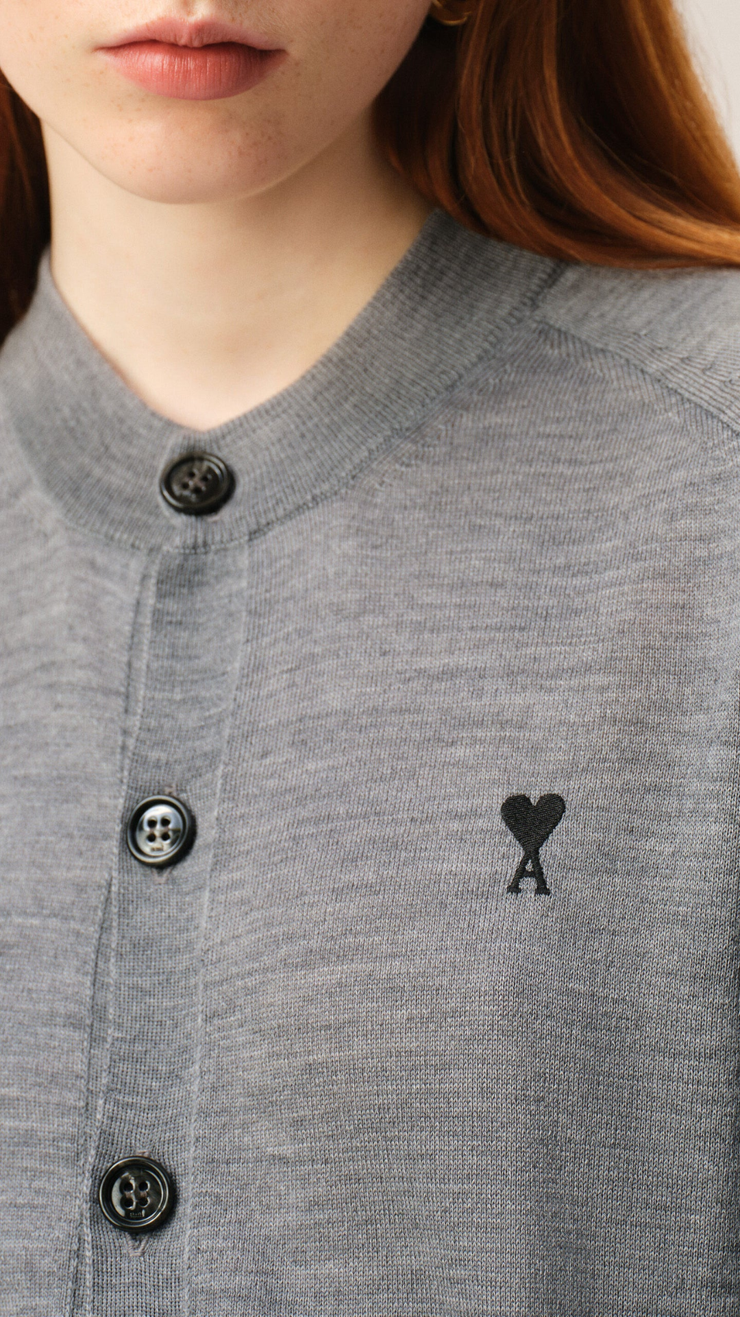 Ami Wool Contrast Ami De Coeur Cardi in Grey/Black