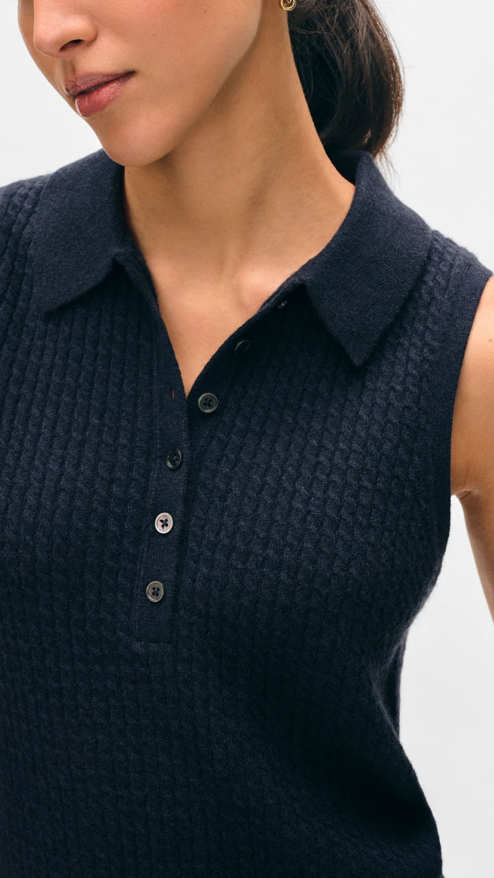 White + Warren Cashmere Cable Sleeveless Polo in Deep Navy
