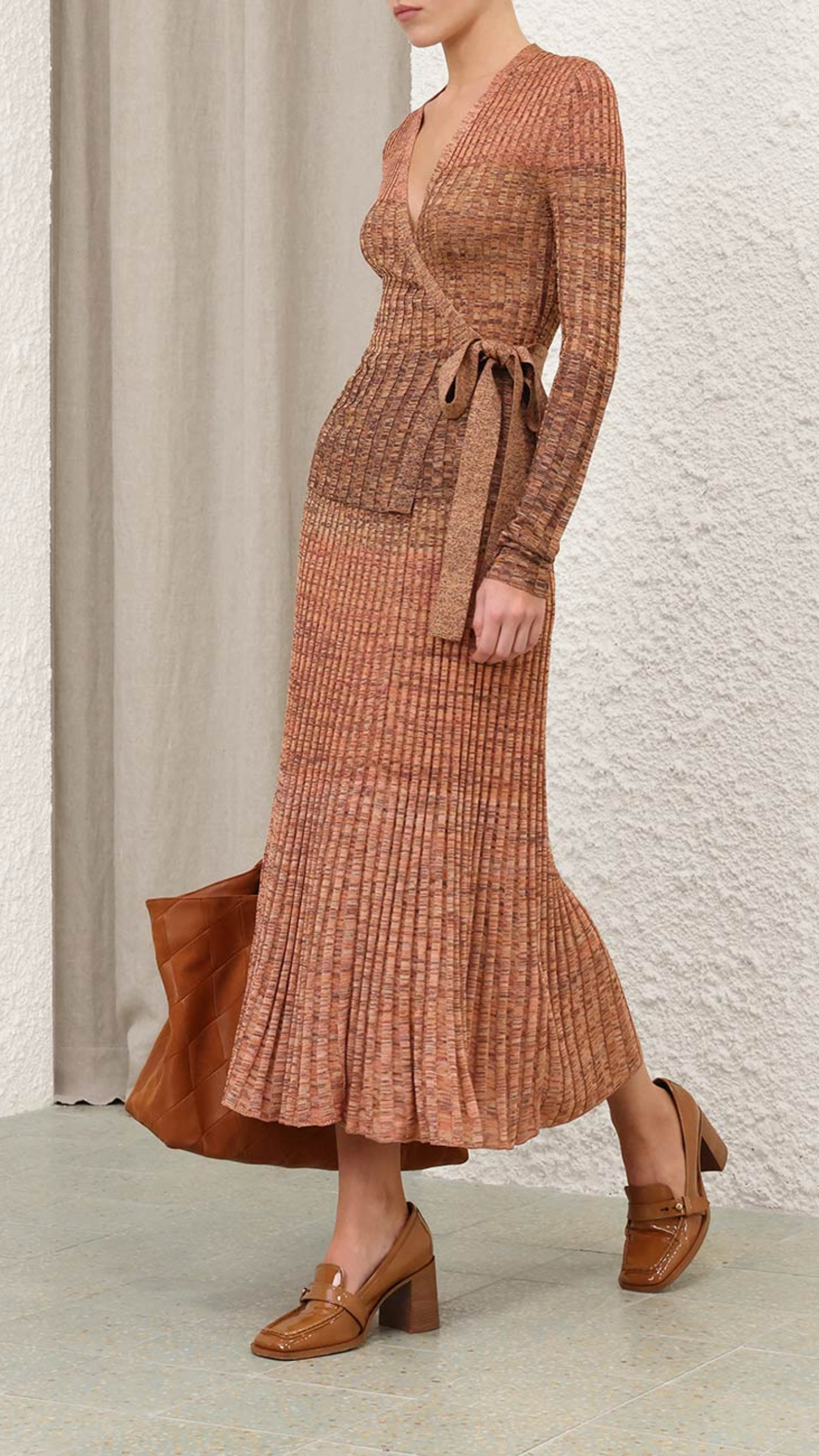 Zimmermann Mouline Rib Wrap Top in Chocolate Multi