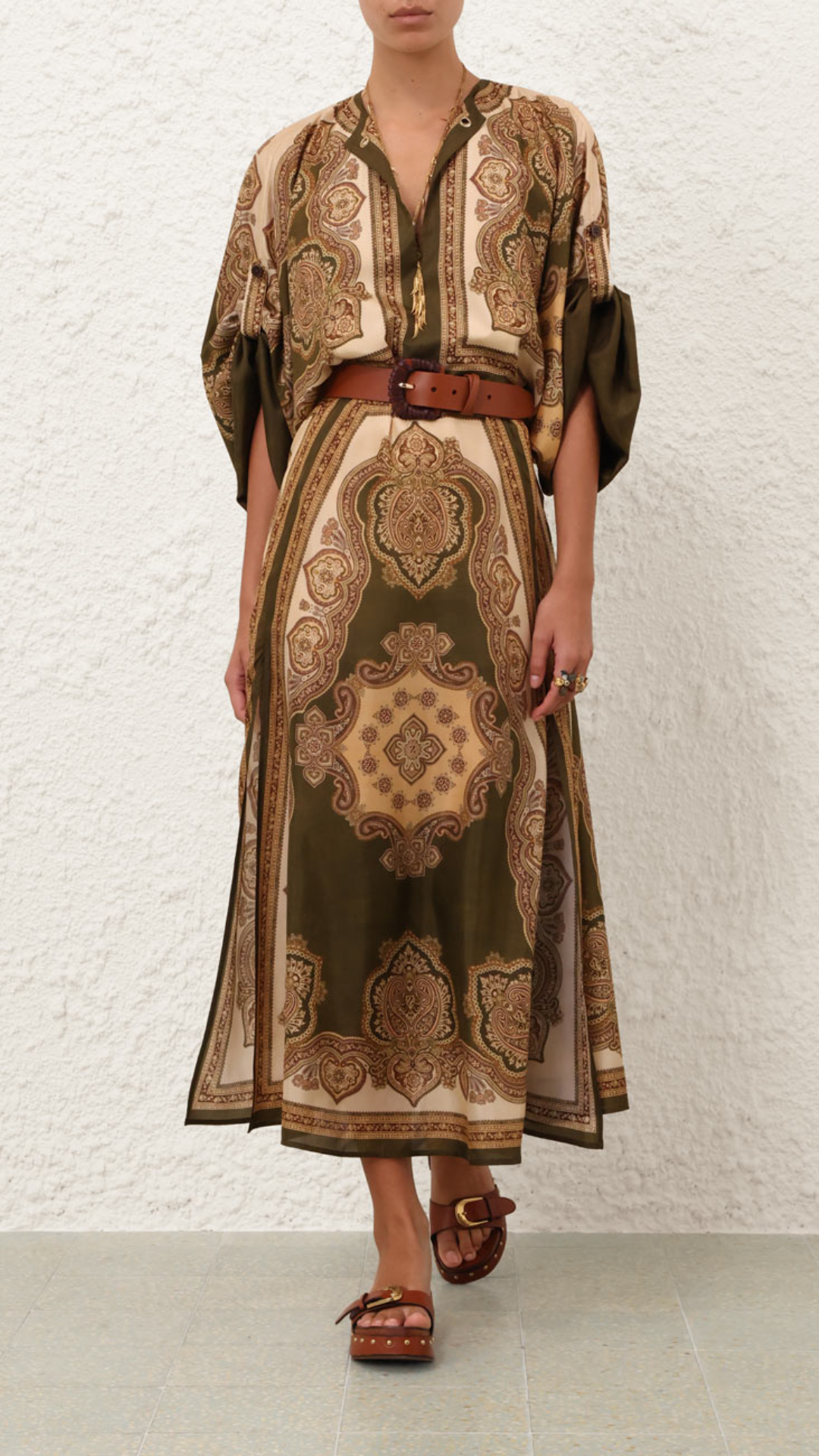 Zimmermann Mahon Tunic Midi Dress in Olive Paisley