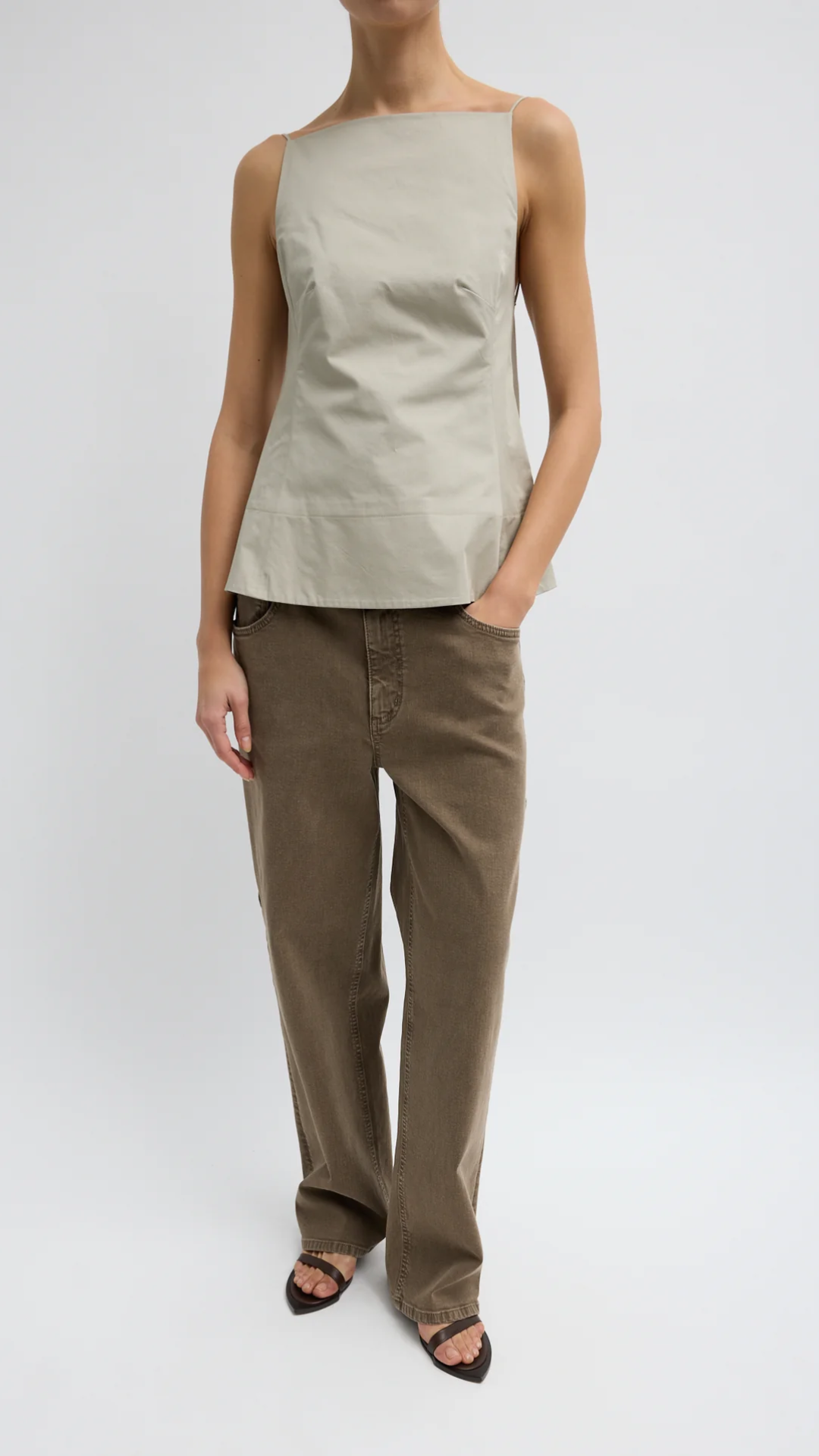 Tibi Eco Poplin Strappy Open Back in Sandstone
