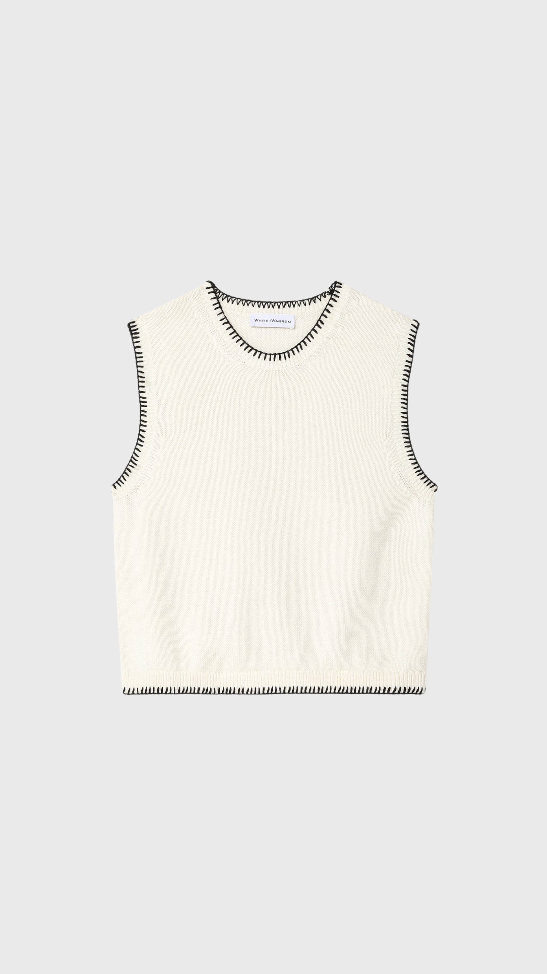 White + Warren Organic Cotton Blanket Trim Tank in Ivory Black
