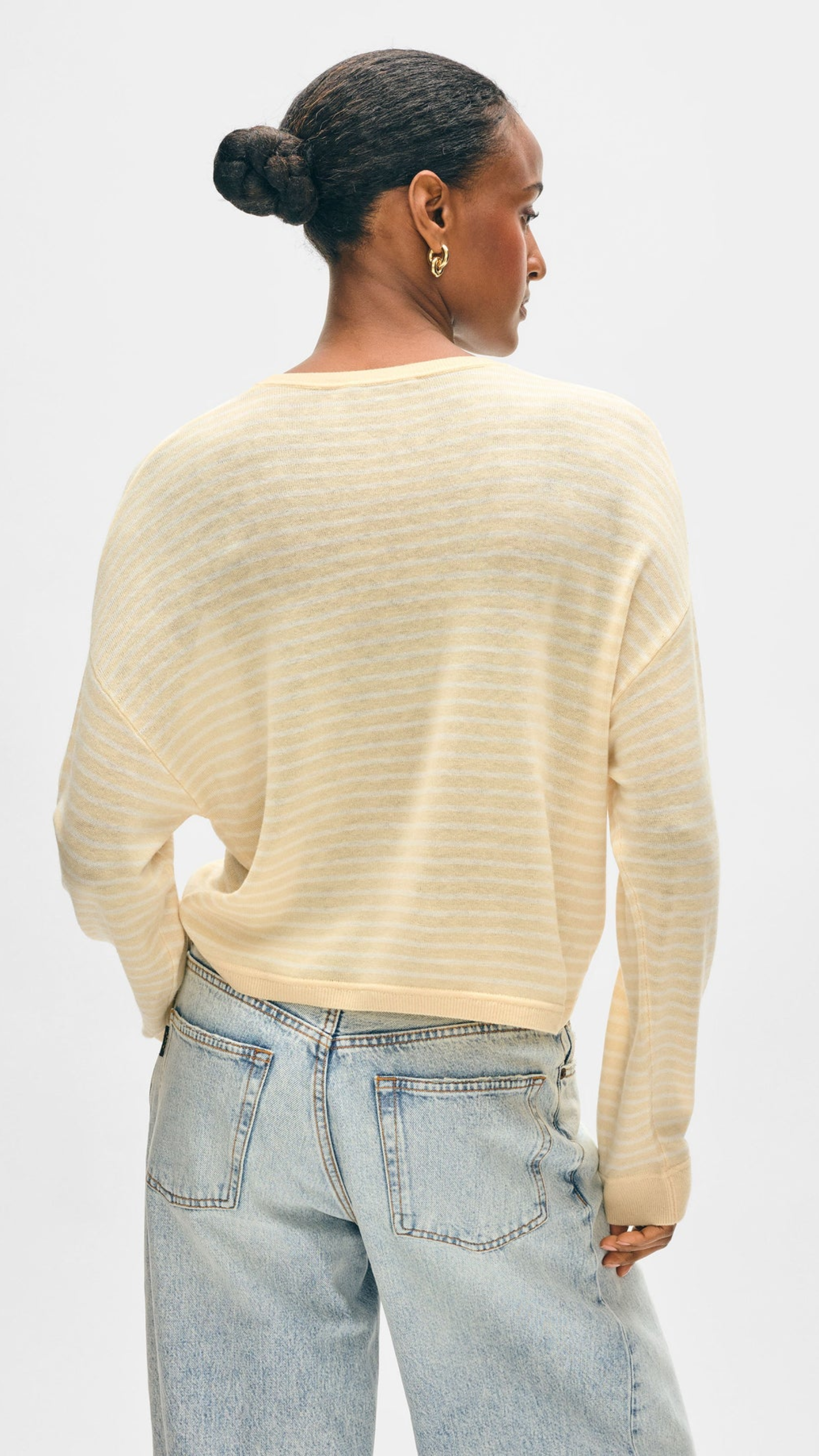 White + Warren Superfine Cashmere Striped Sweater in Buttercream