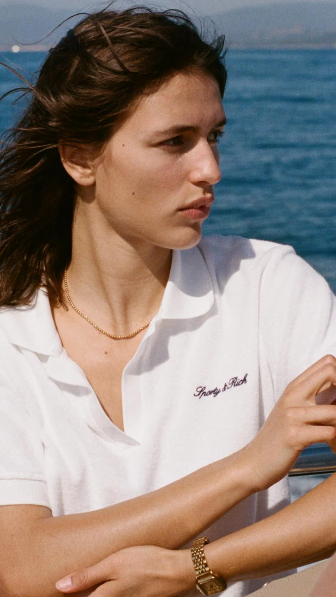 Sporty & Rich Signature Logo Terry Polo in White/Light Navy