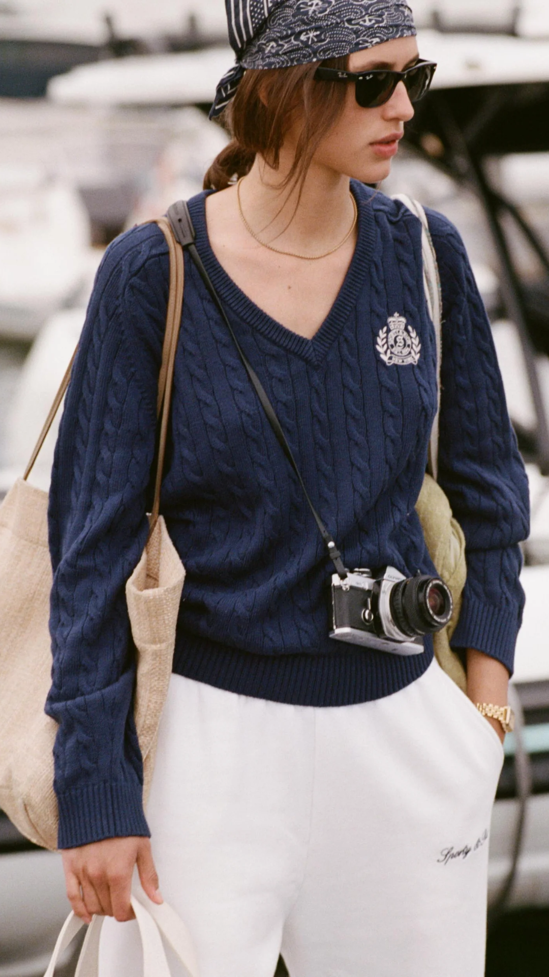 Sporty & Rich NY Crest V-Neck Cable Sweater in Light Navy/Ecru