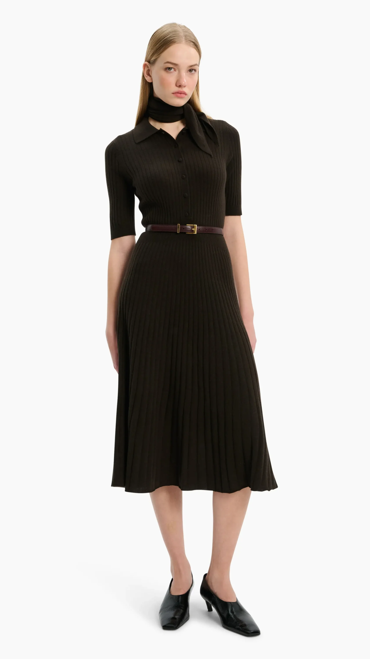 Arch 4 Elloren Cashmere Pleated Midi Dress in Brown Wood