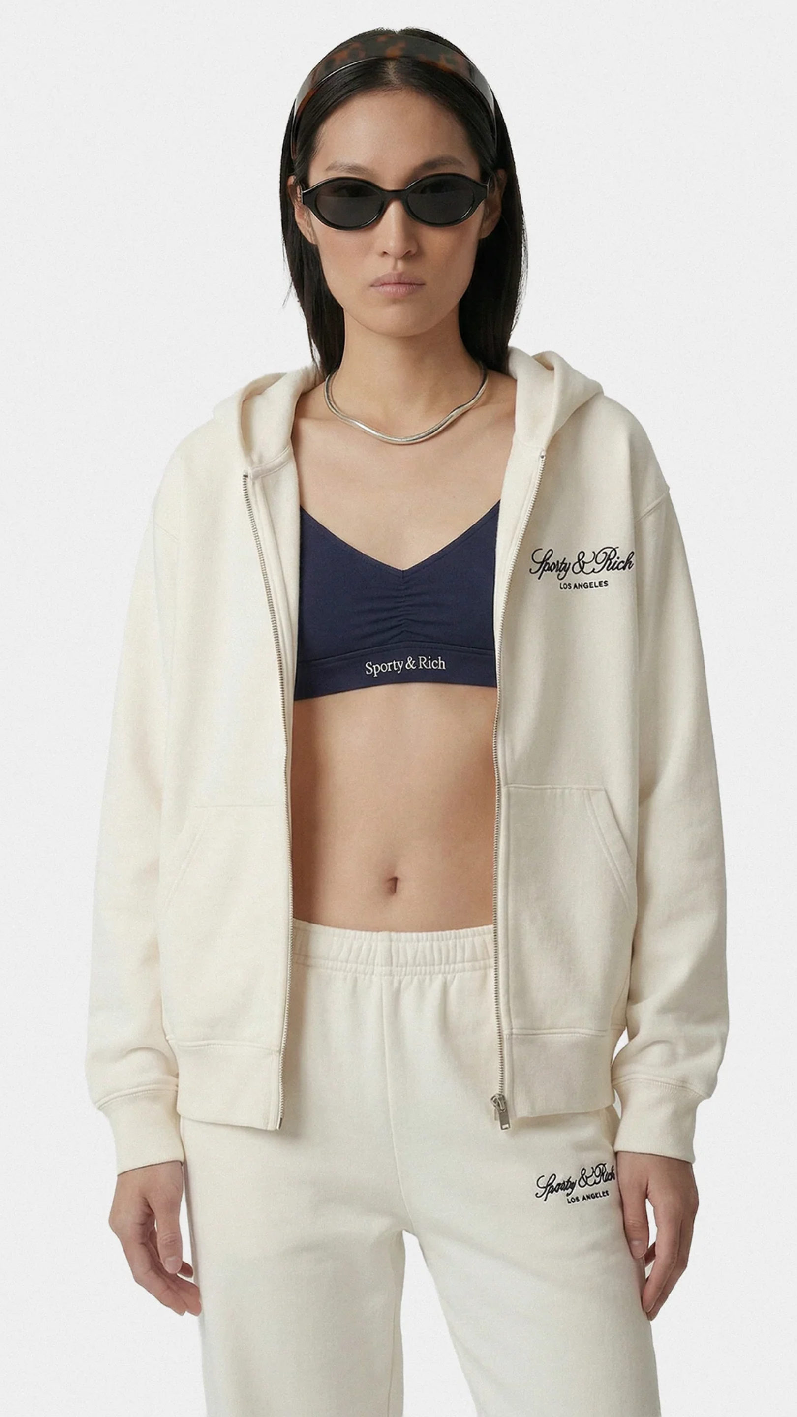 Sporty & Rich Vendome LA Embroidered Zip Hoodie in Ecru/Navy