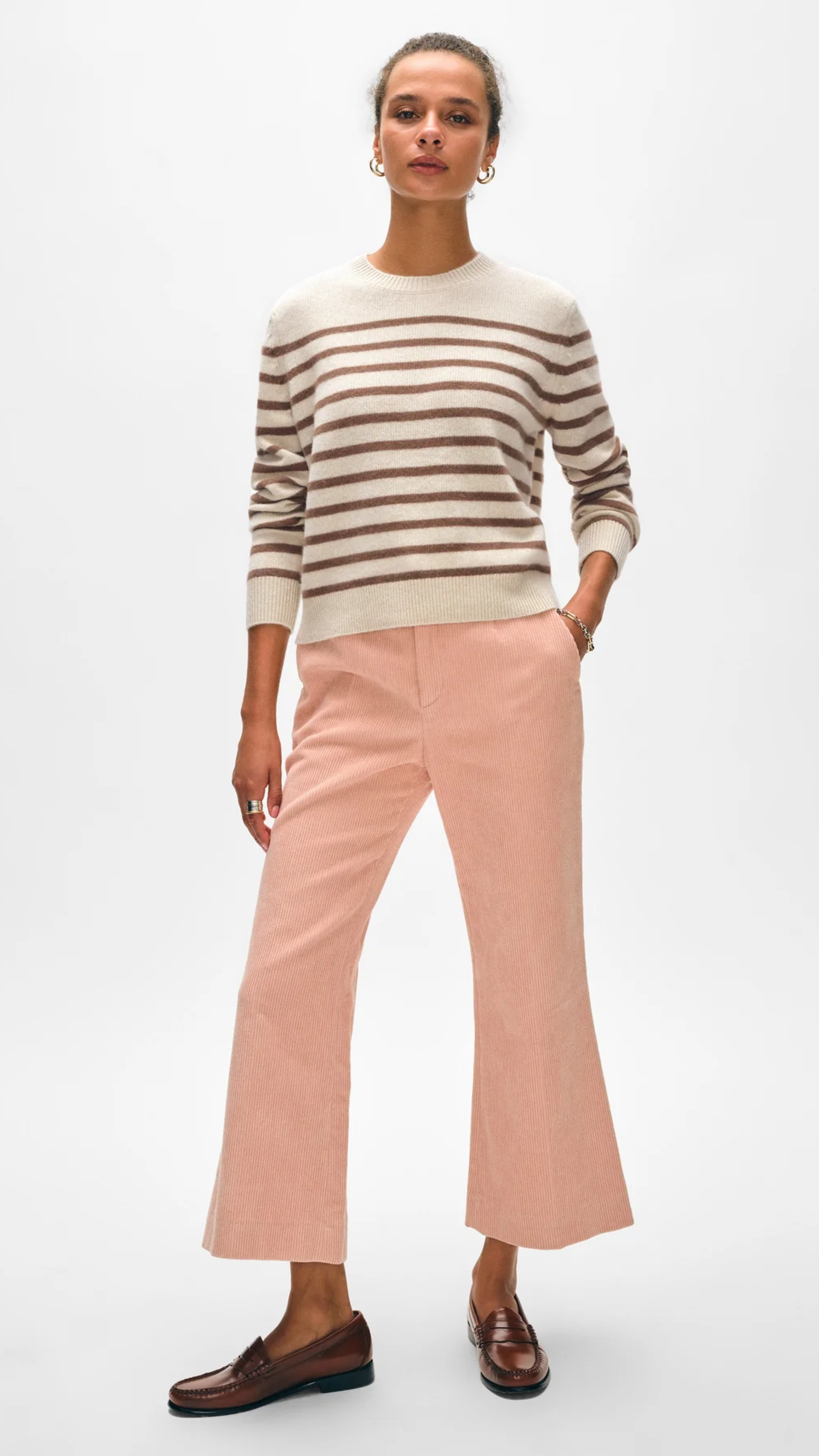 White + Warren Cashmere Striped Crew in Natural Saddle