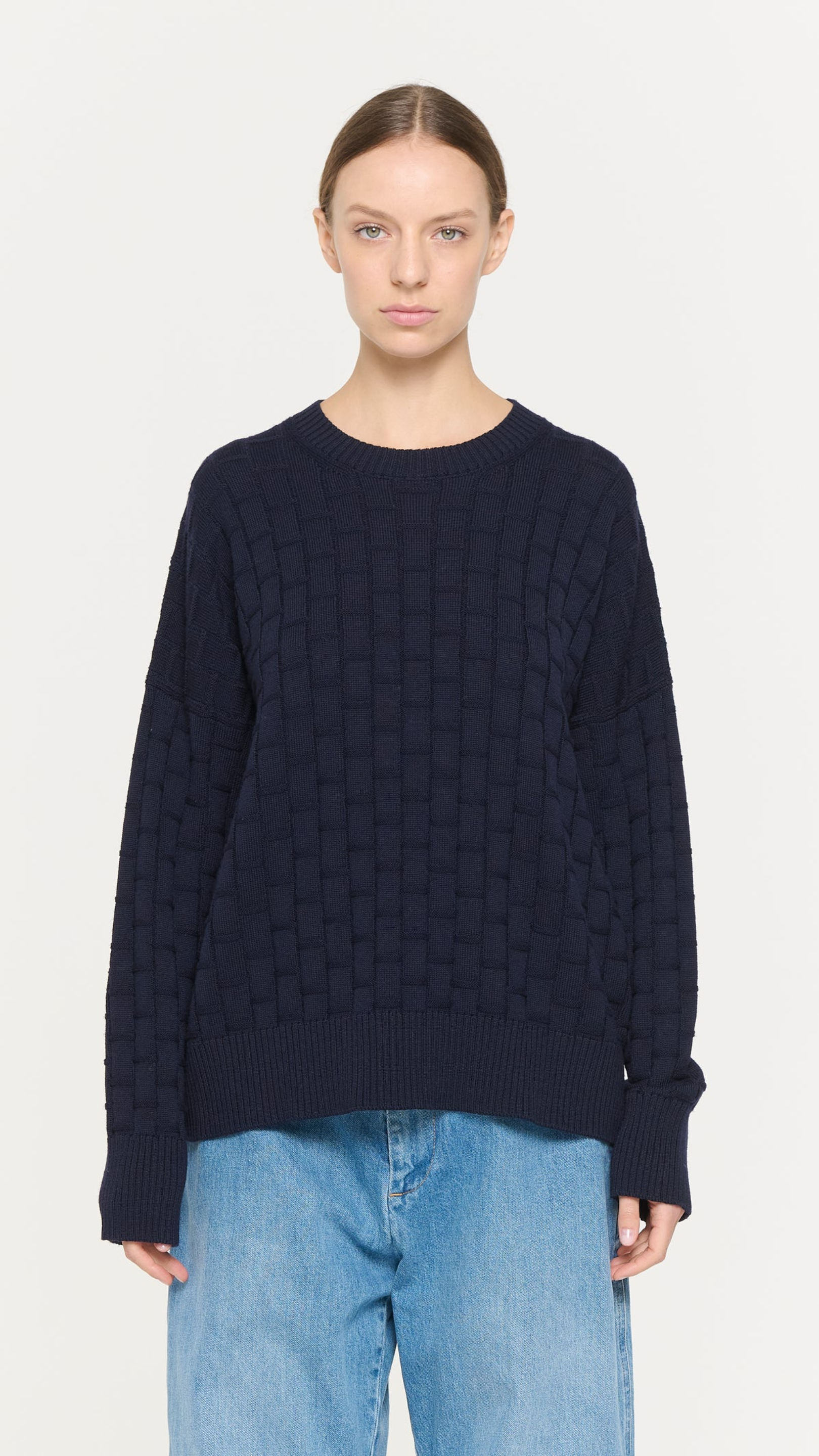 Plan C Checked Pattern Crewneck Knit in Dark Blue