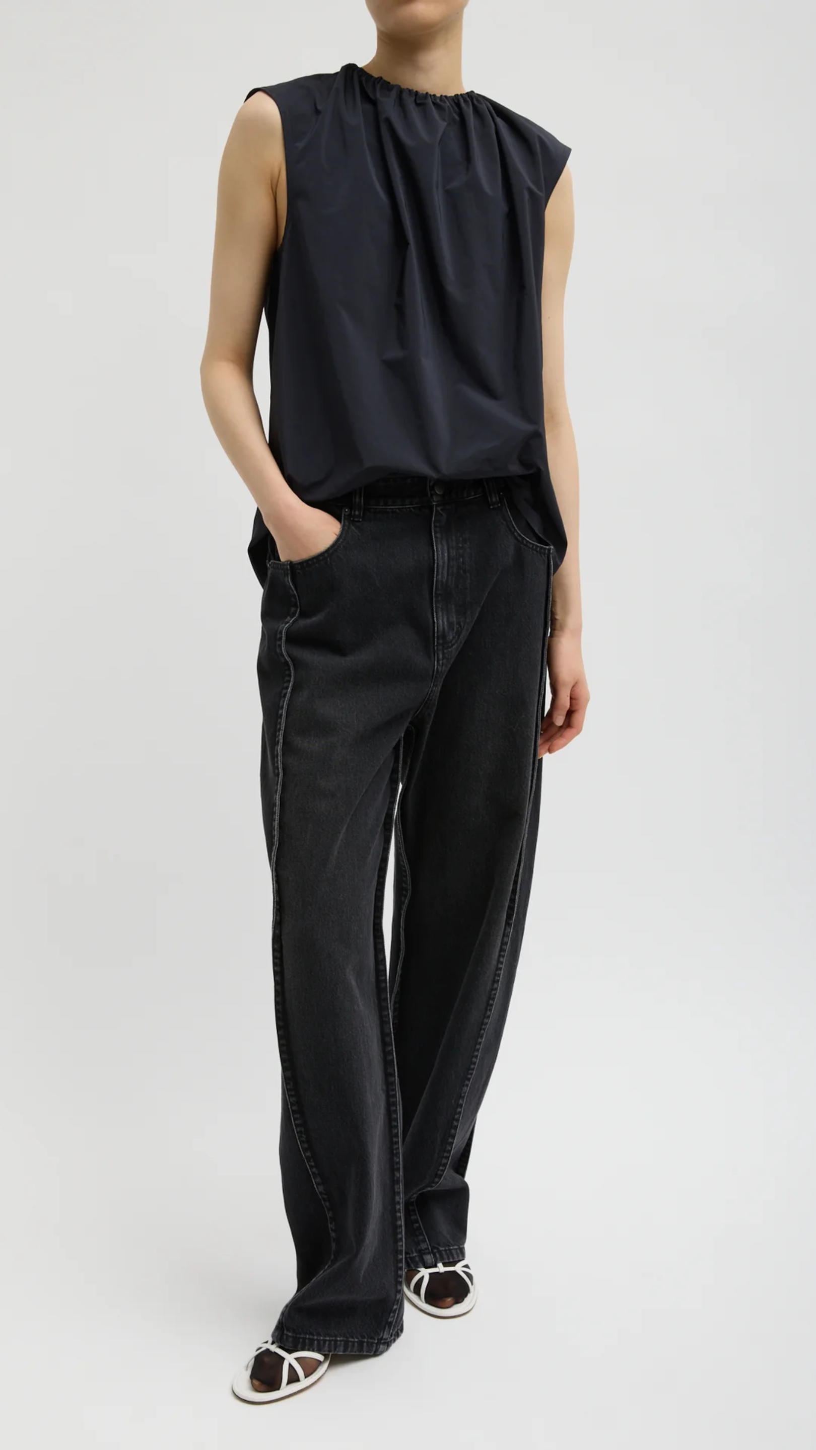 Tibi Nylon Shirred Neck Top in Navy
