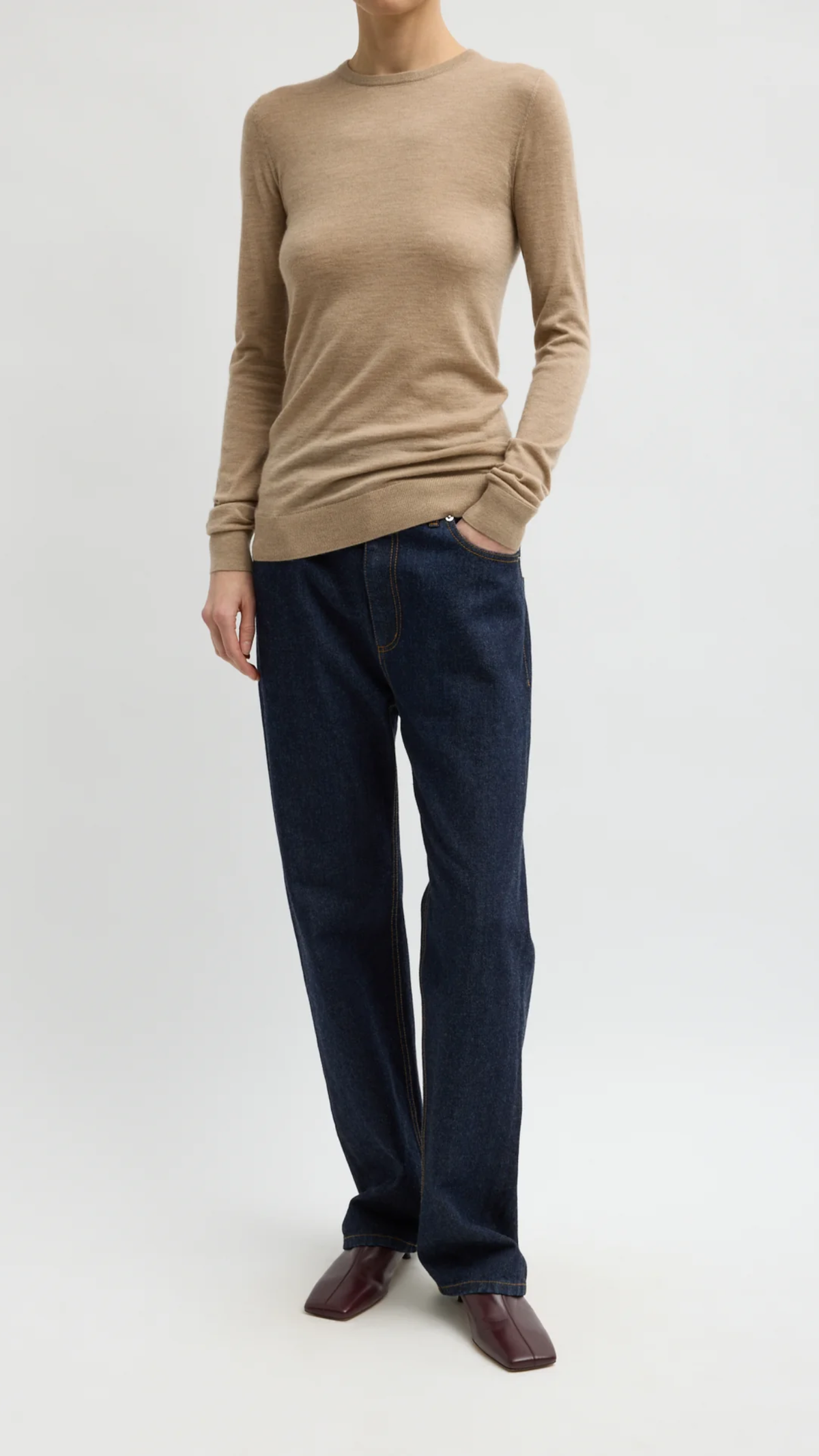 Tibi Tissue Cashmere Crewneck Pullover in Dark Oat Melange
