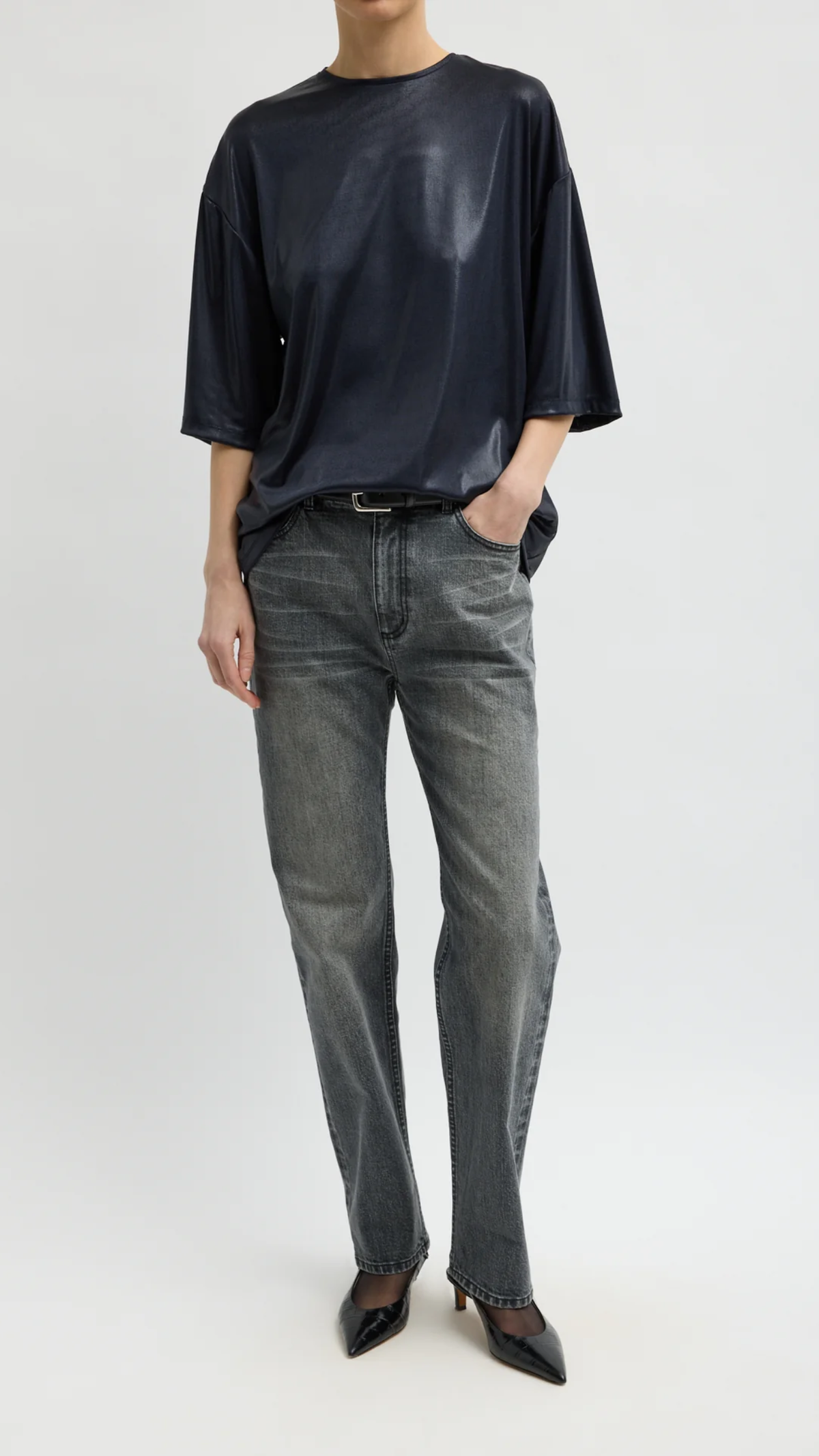 Tibi Metallic Knit Easy T-Shirt in Navy