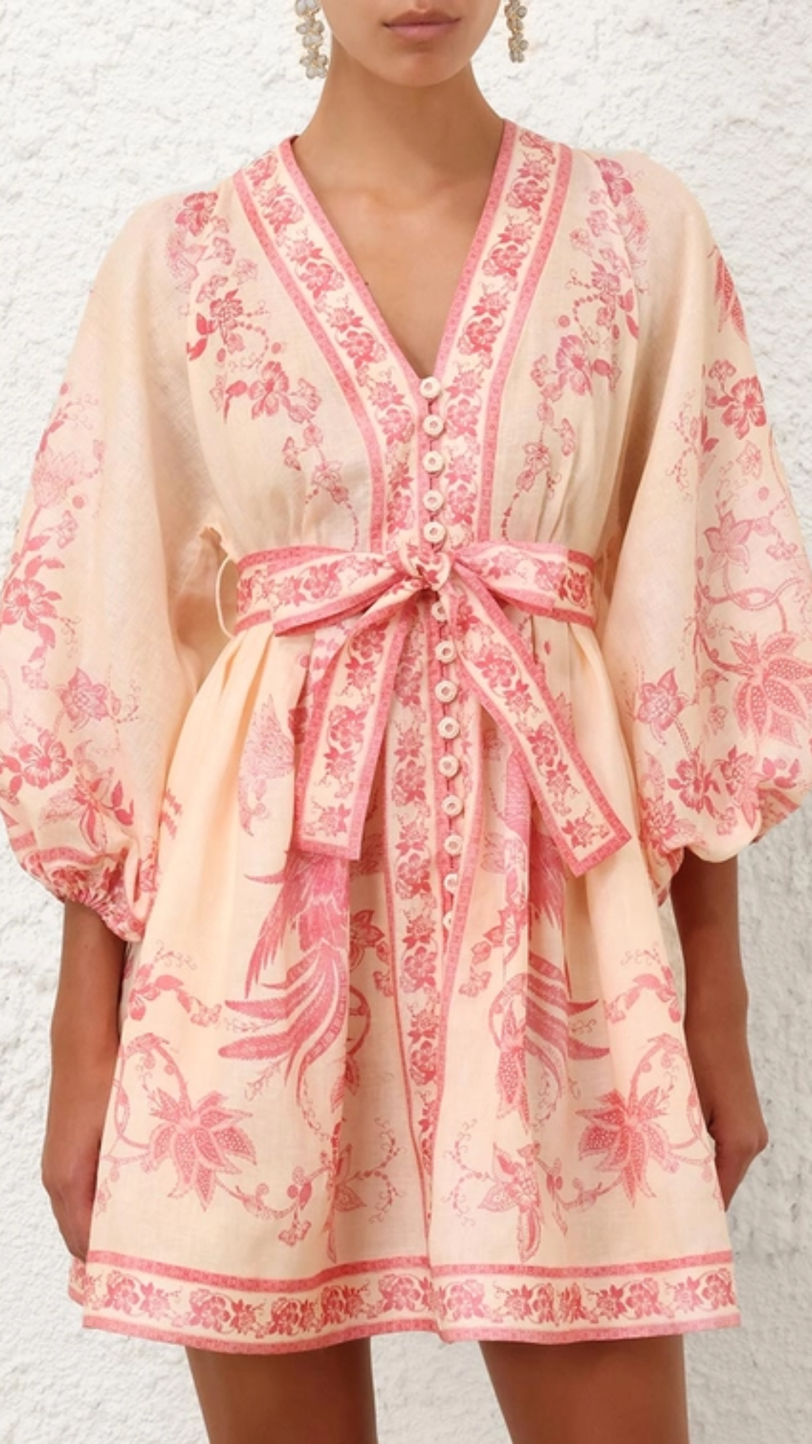 Zimmermann Lucky Plunge Mini Dress in Cream Pink Floral