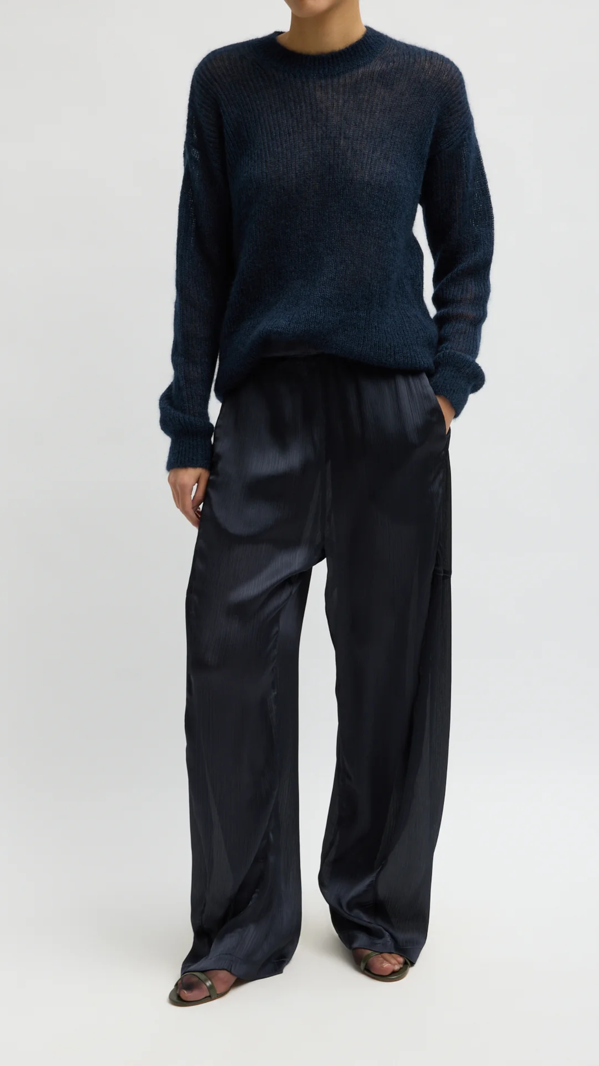 Tibi Matte Satin Plisse Winslow Pant in Navy
