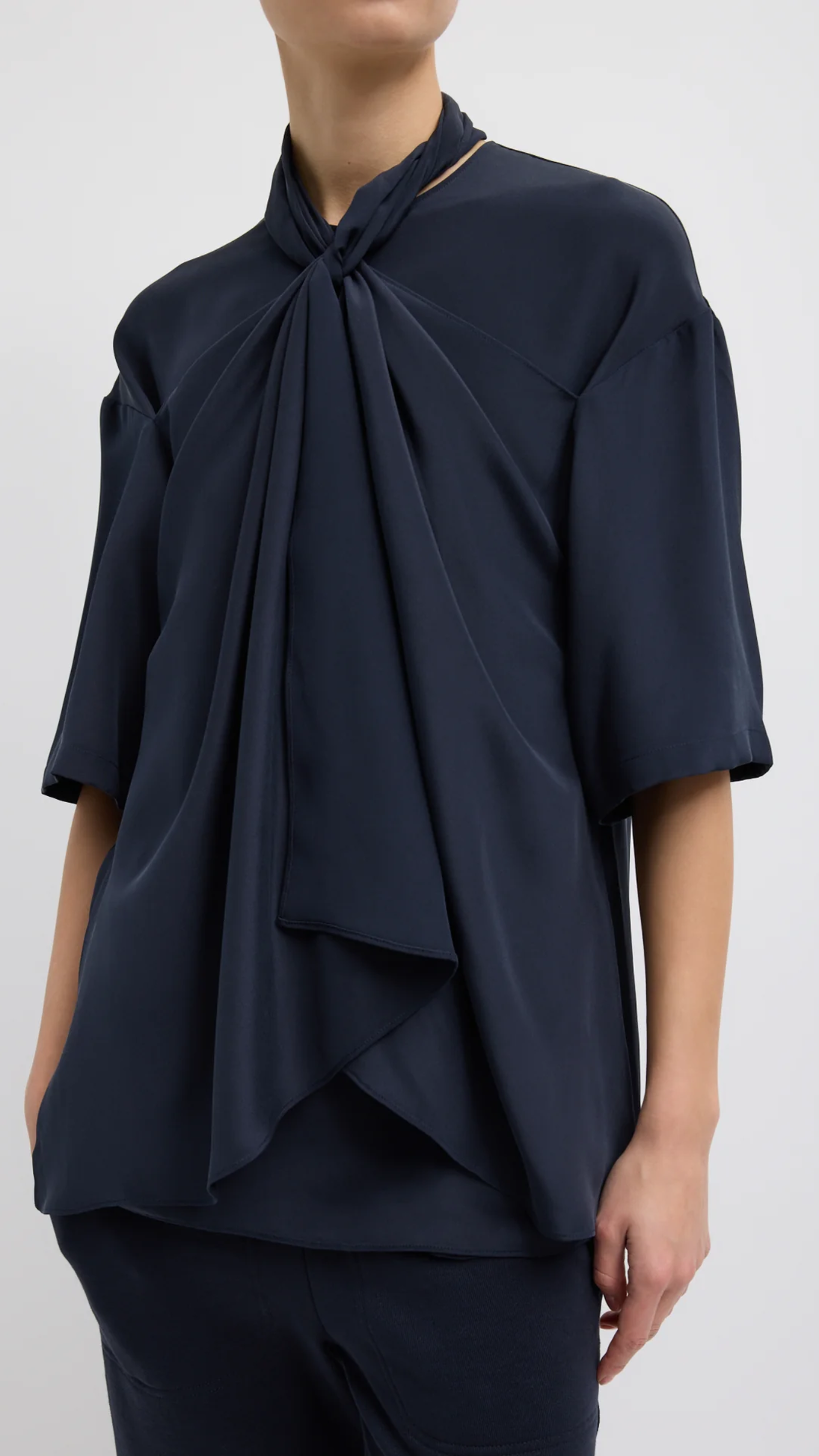 Tibi 4 Ply Silk Tie Front Top in Dark Navy