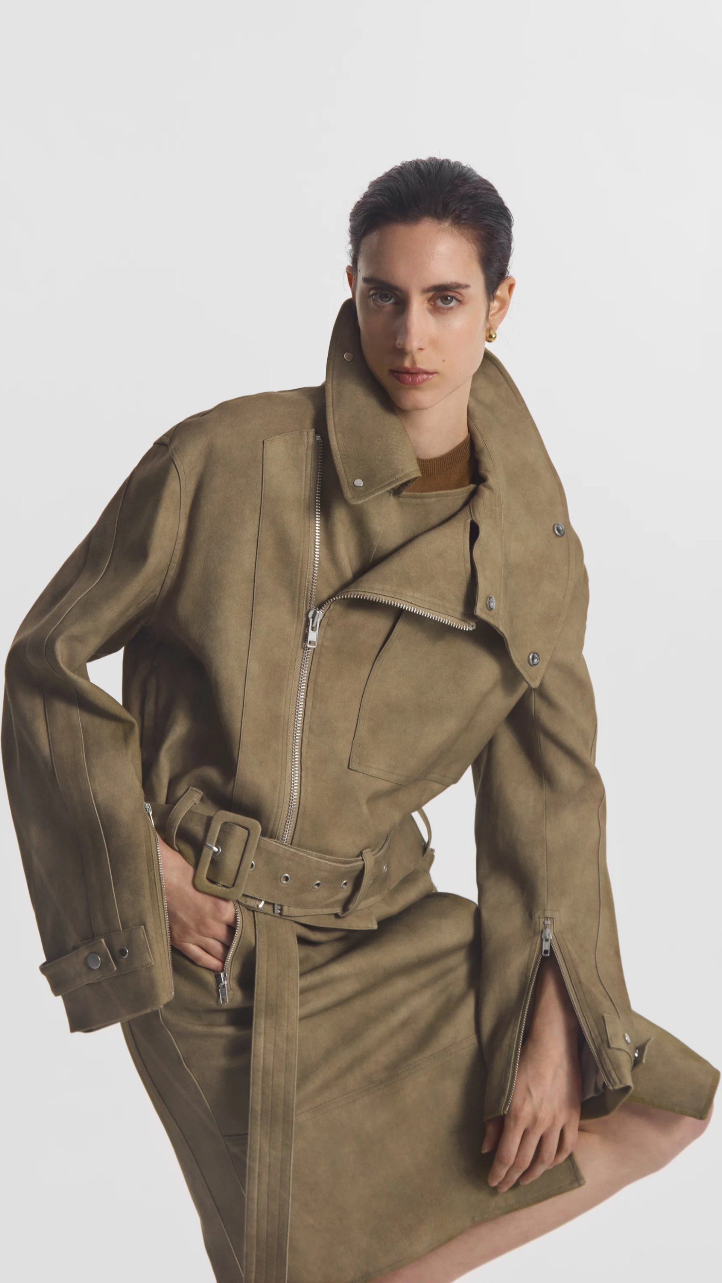 CO Flying Collar Moto Cold-Dyed Cotton Jacket in Khaki